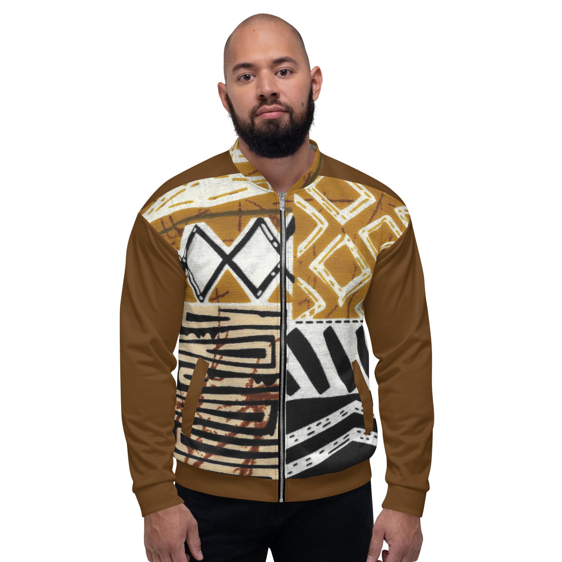 Trible Print Men's Bomber Jacket. Tan and Brown