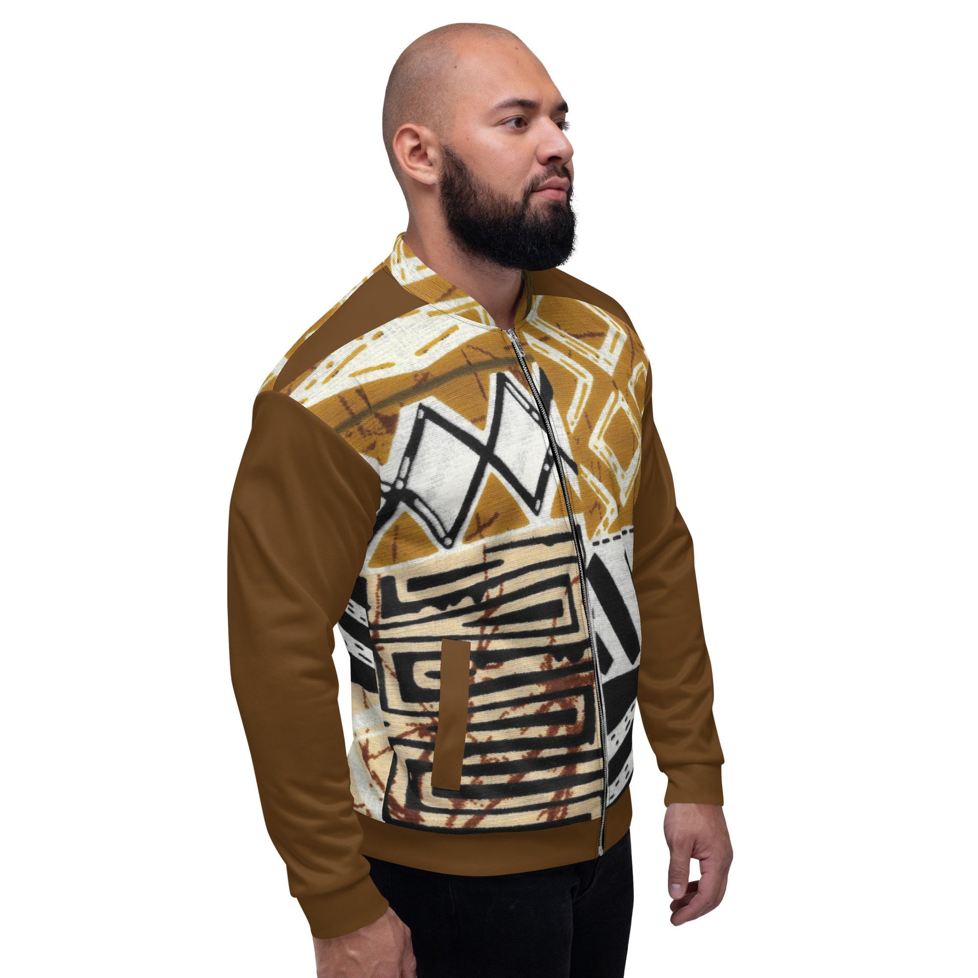 Trible Print Men's Bomber Jacket. Tan and Brown