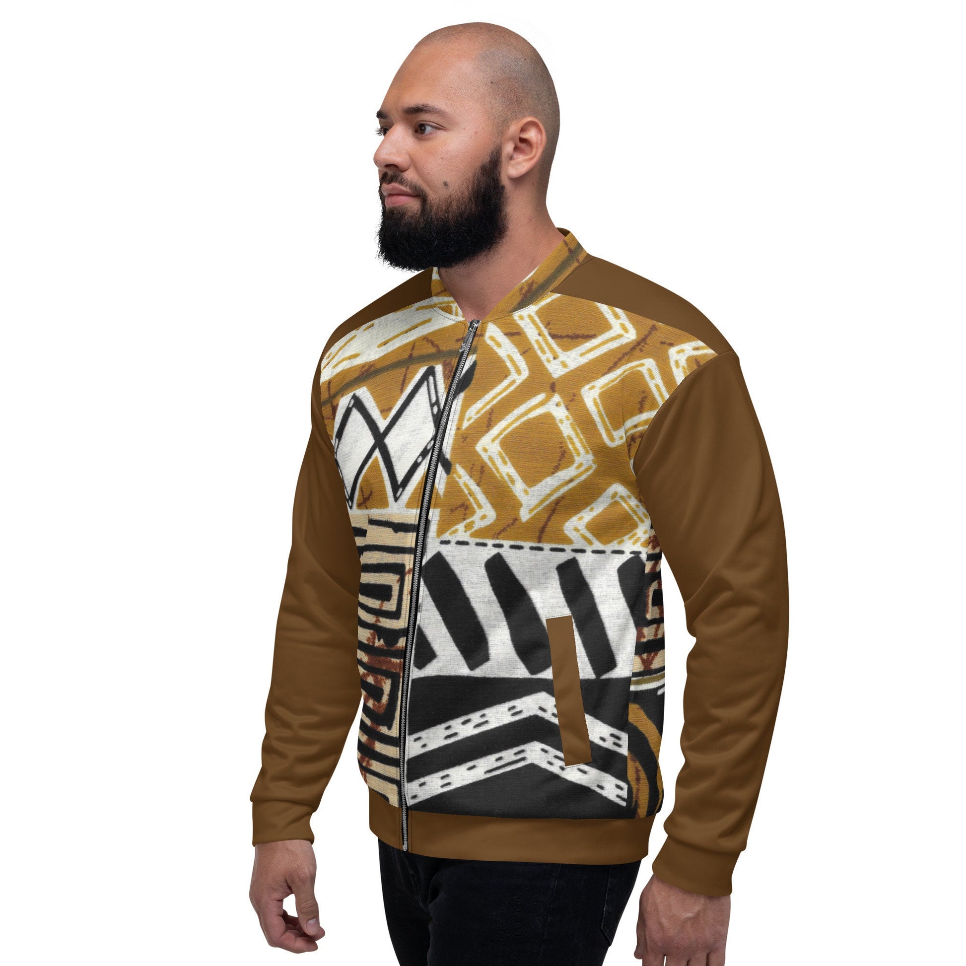 Trible Print Men's Bomber Jacket. Tan and Brown