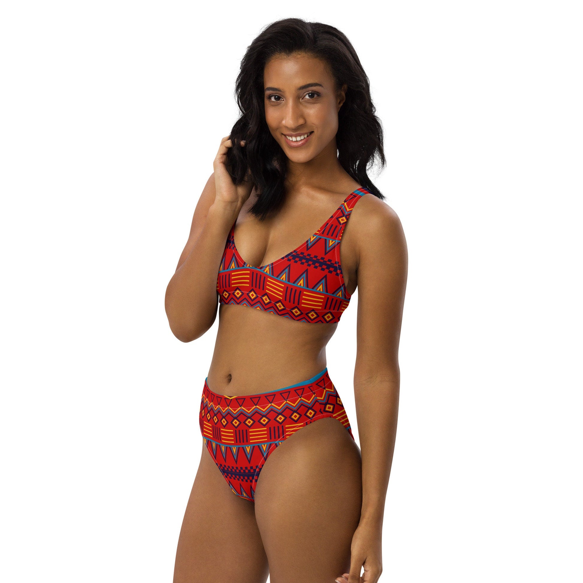 Afrocentric Mud Cloth Print high-waisted bikini.