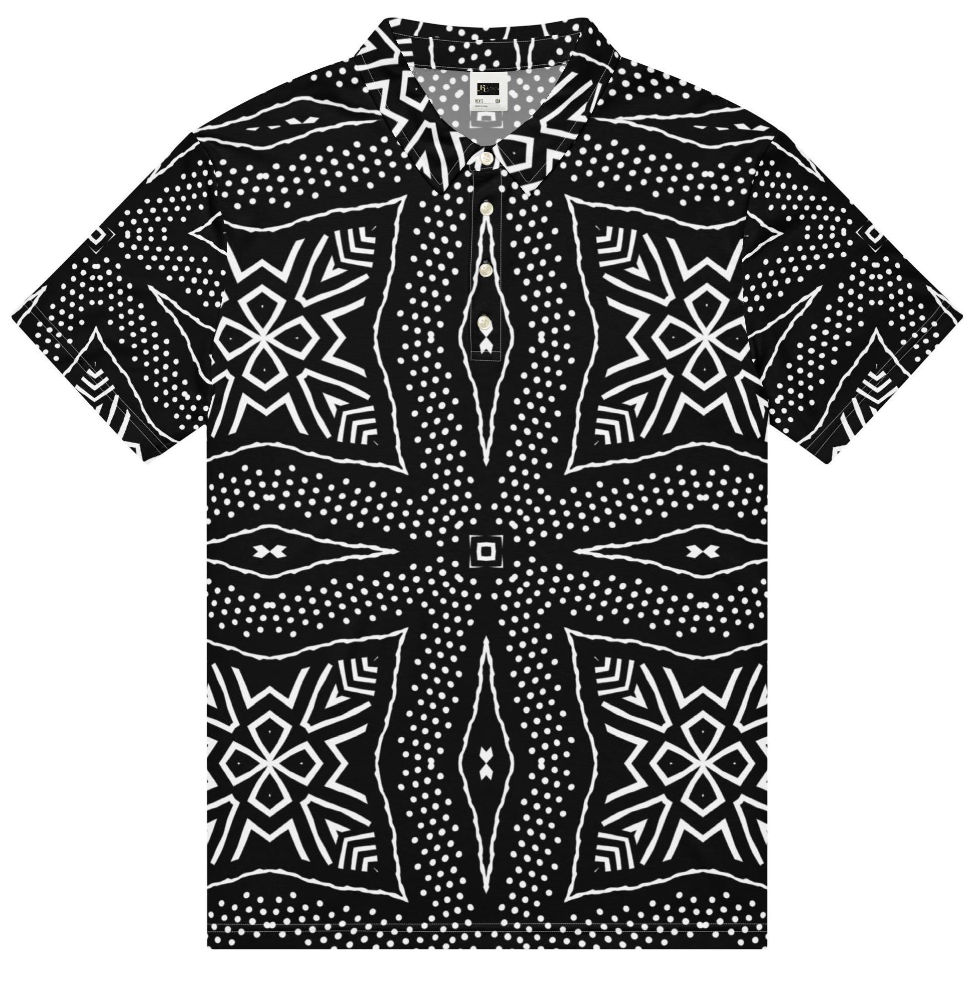 Crescent - Mens - Polo Shirt - African - Textile Pattern Black African Textile Men’s slim fit polo short sleeve shirt, casual wear apparel