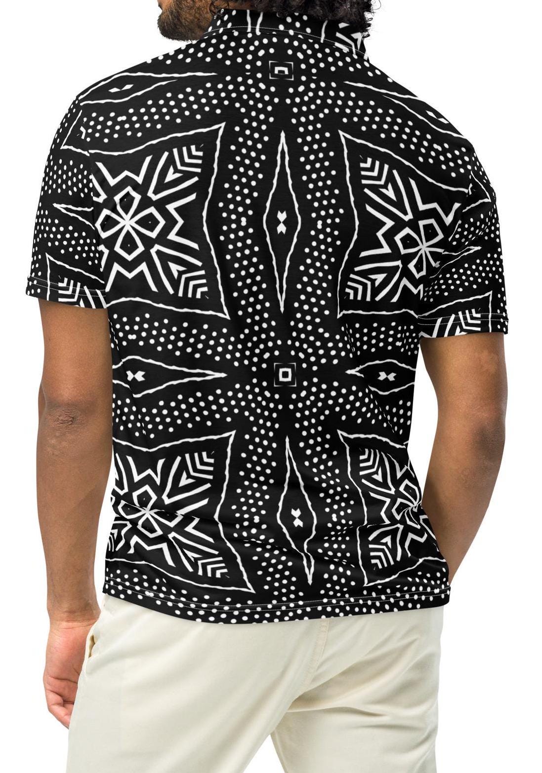 Black and white African Textile Men’s slim fit polo shirt sleeve shirt, casual wear apparel