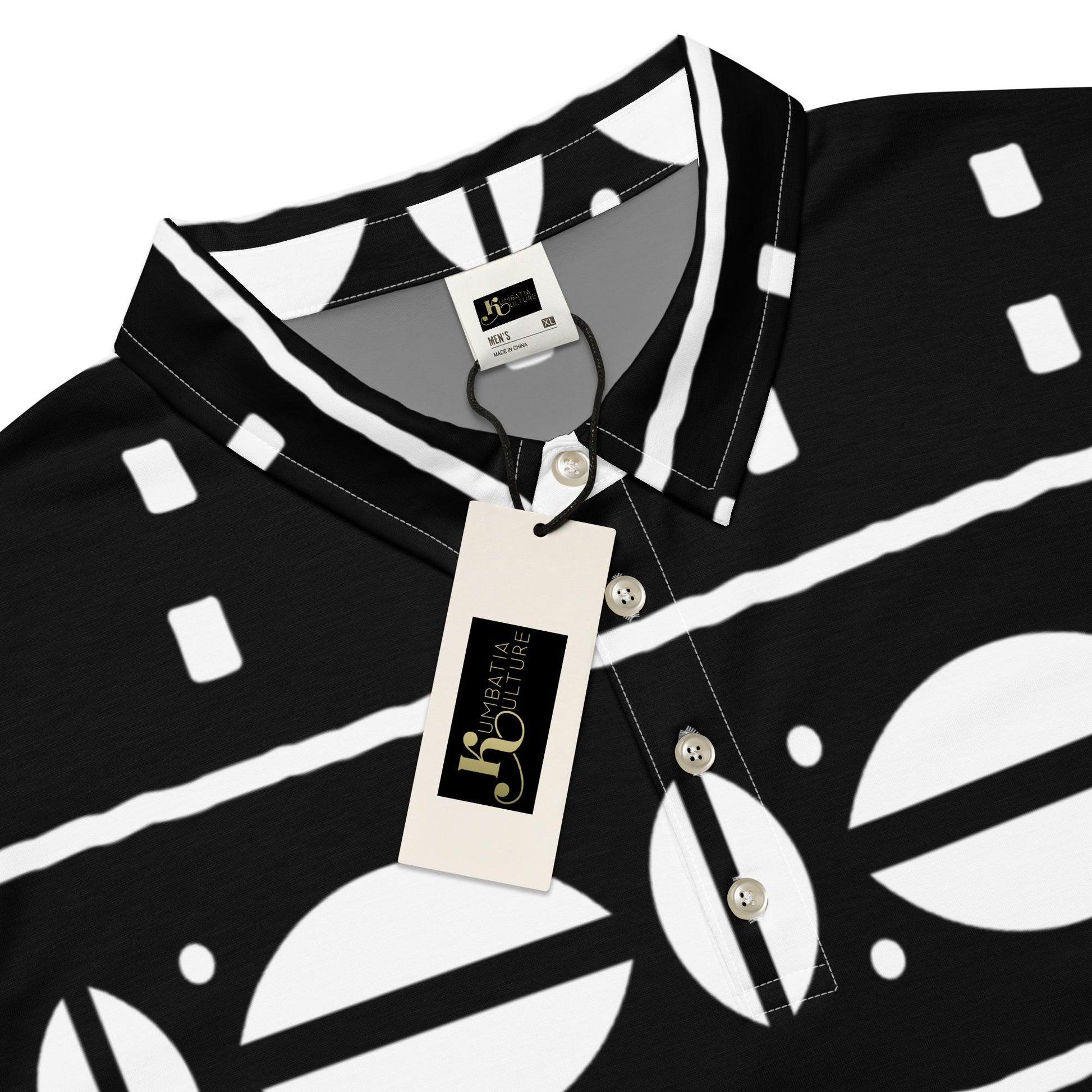 Accented sleek and Black textile African Fashioned Pattern Men’s slim fit polo, casual wear apparel