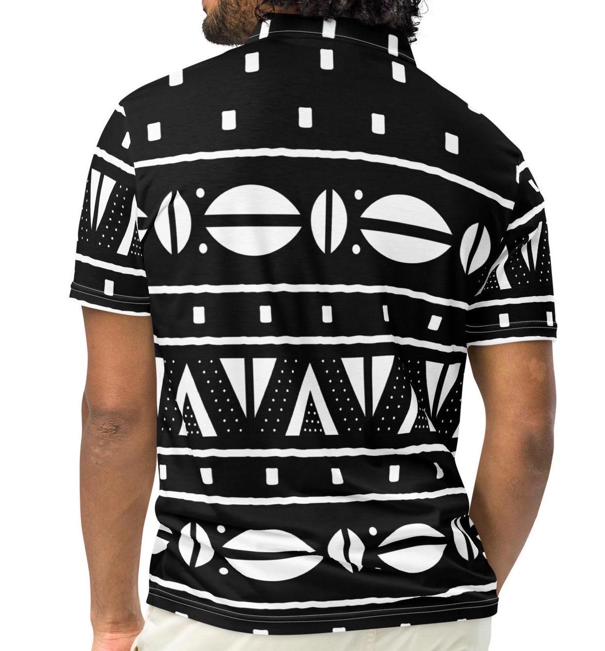 Accented sleek and Black textile African Fashioned Pattern Men’s slim fit polo, casual wear apparel