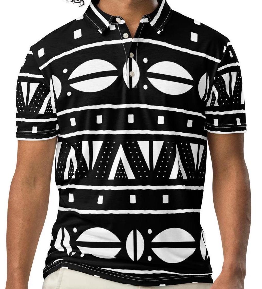Accented sleek and Black textile African Fashioned Pattern Men’s slim fit polo, casual wear apparel