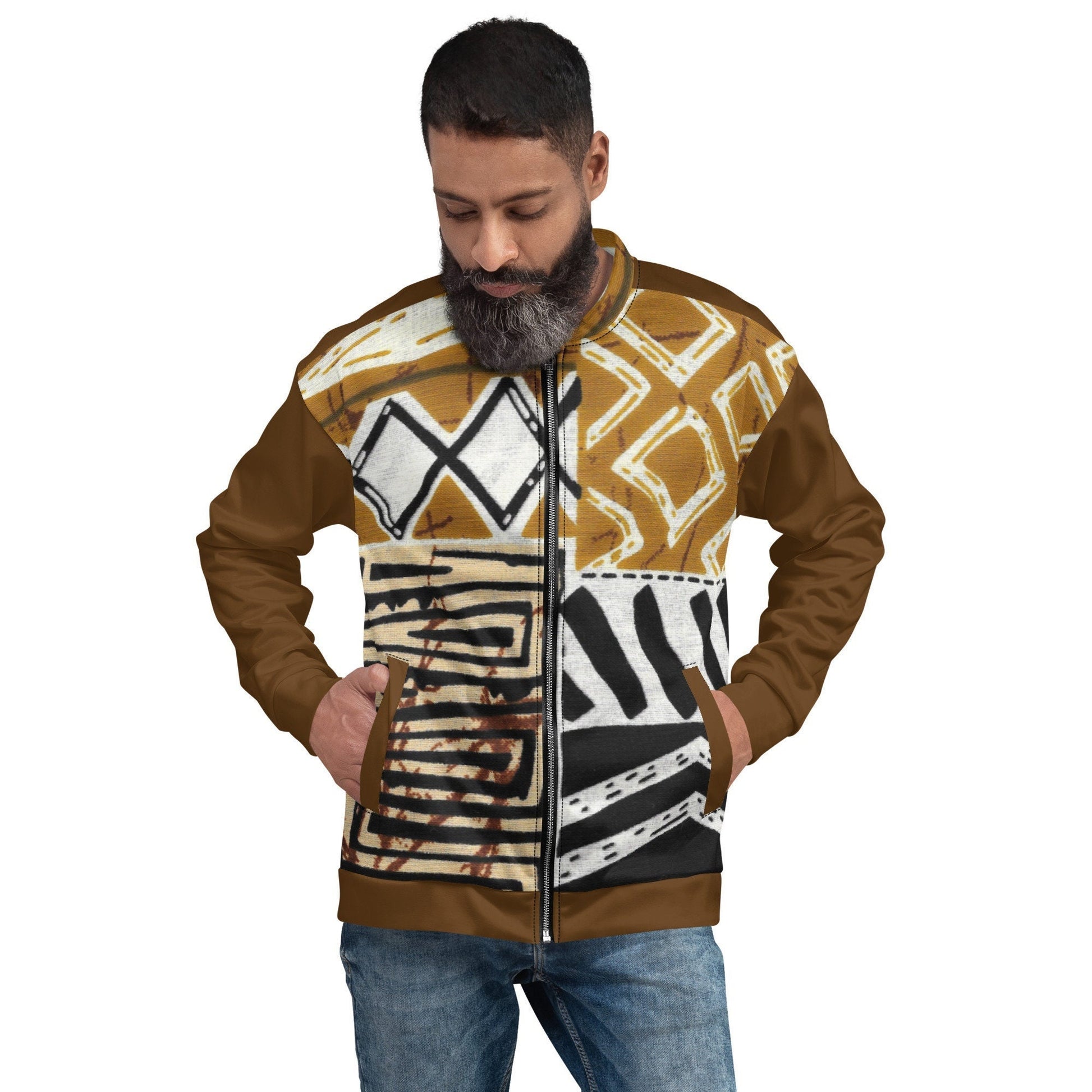 Trible Print Men's Bomber Jacket. Tan and Brown
