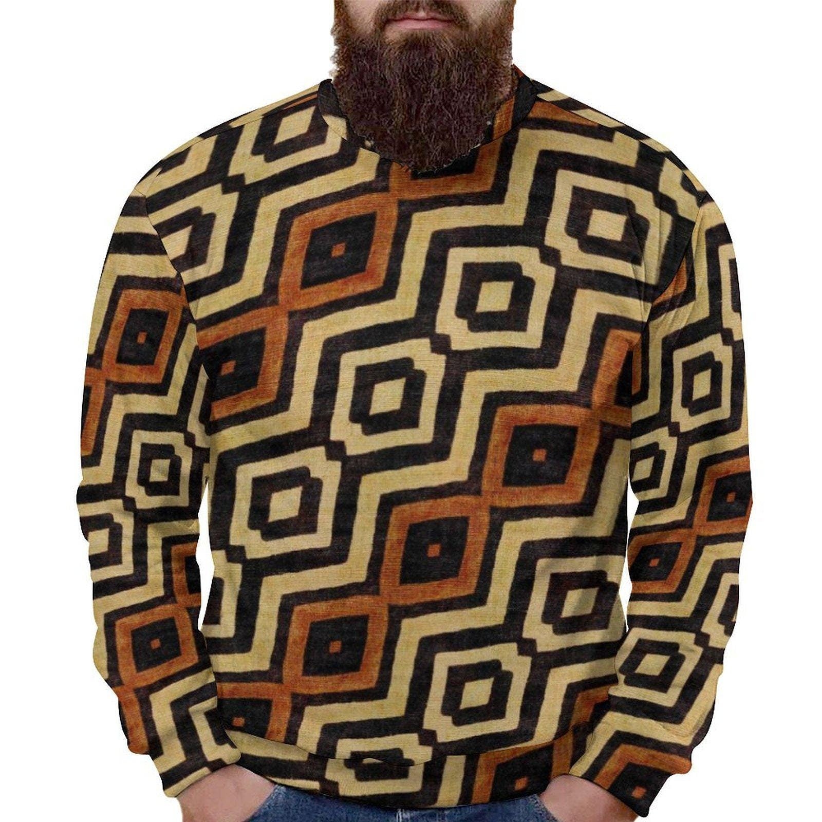 Neutral Tones - Mens Crew Neck Sweatshirt -African -Bogolan Pattern