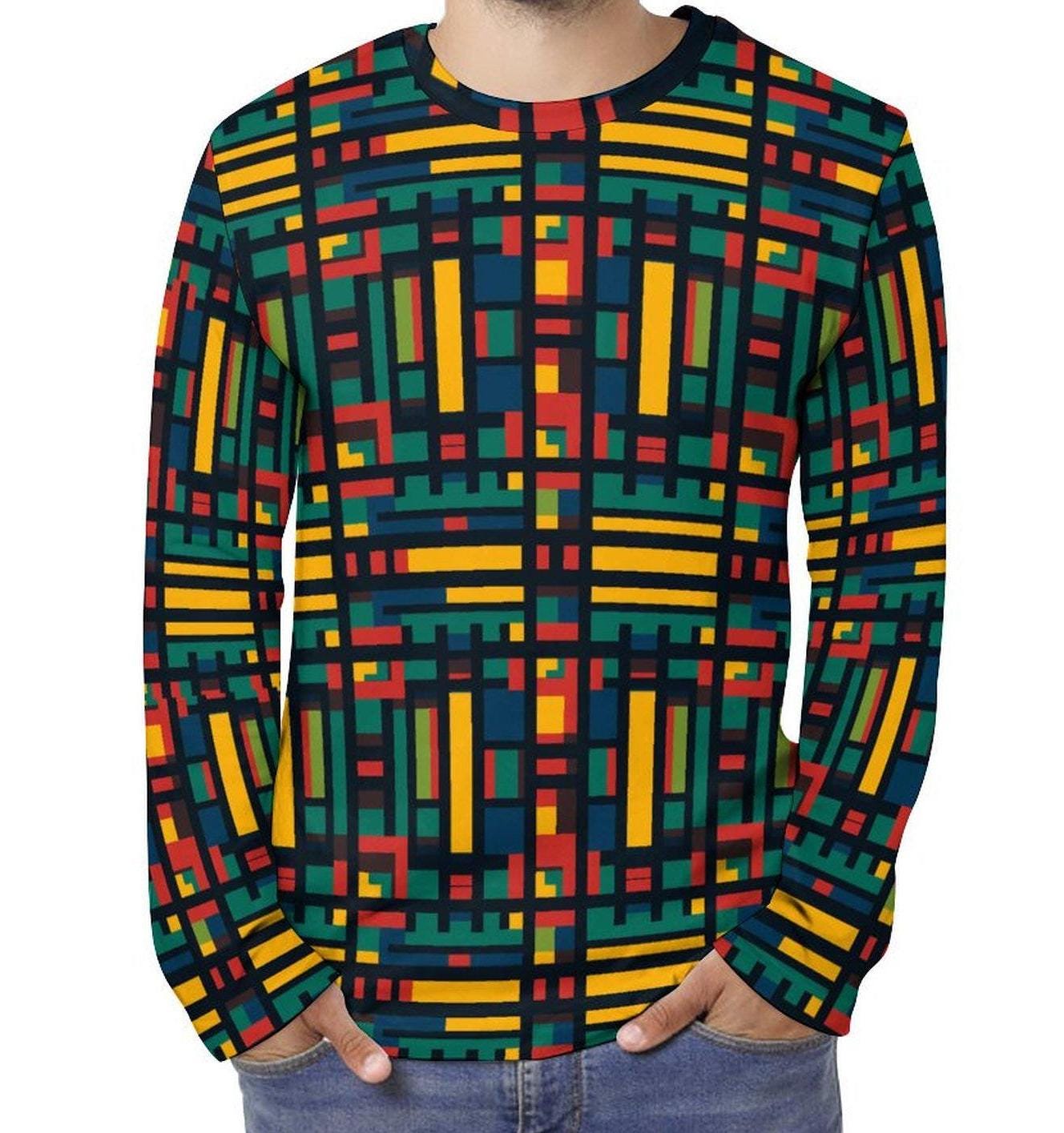 Emerald - Mens Long Sleeve Shirt - African Kente Pattern