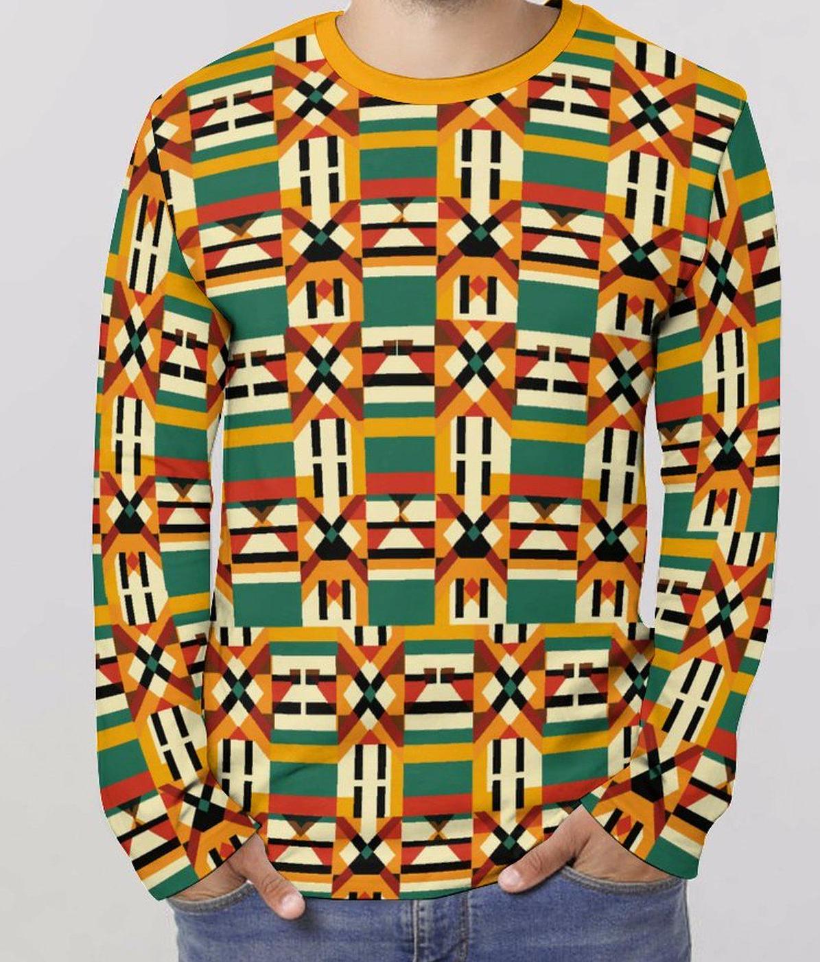 Summers Heat - Mens - Lightweight Long Sleeve Shirt - African - Kente pattern - T-shirts - KumbatiaKulture