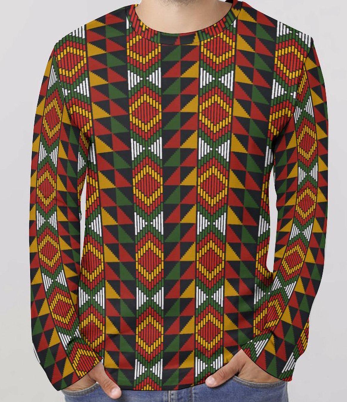 Clay Land - Mens -Lightweight Long Sleeve Shirt - African - Kente Pattern