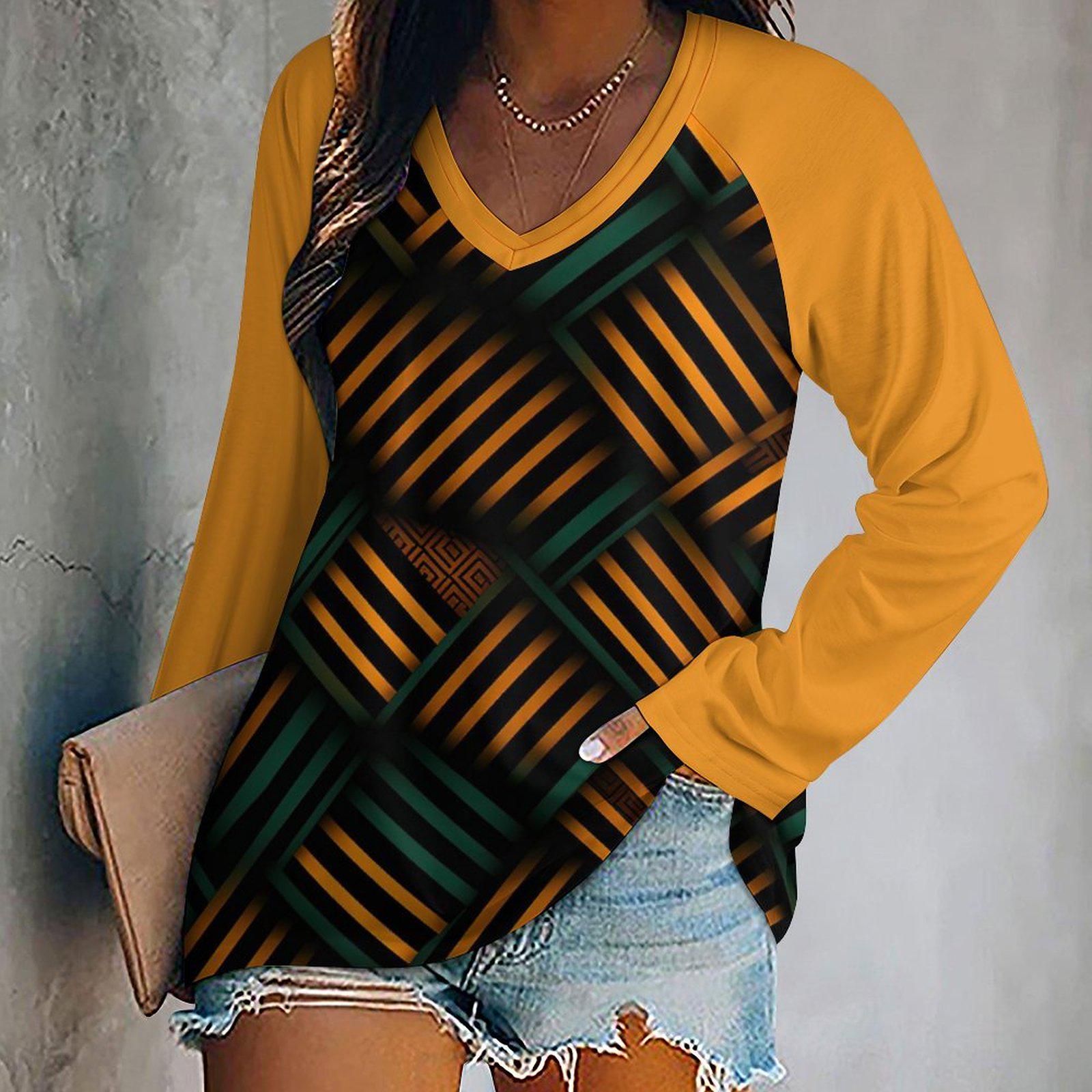 Golden Pillars - Womens - V-neck Loose Long Sleeve Shirt - African - Kente Pattern - T-shirts - KumbatiaKulture