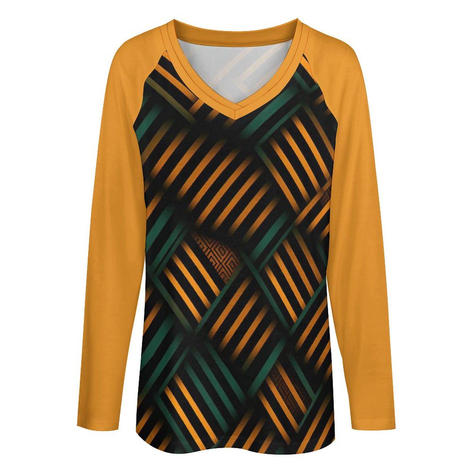 Golden Pillars - Womens - V-neck Loose Long Sleeve Shirt - African - Kente Pattern - T-shirts - KumbatiaKulture
