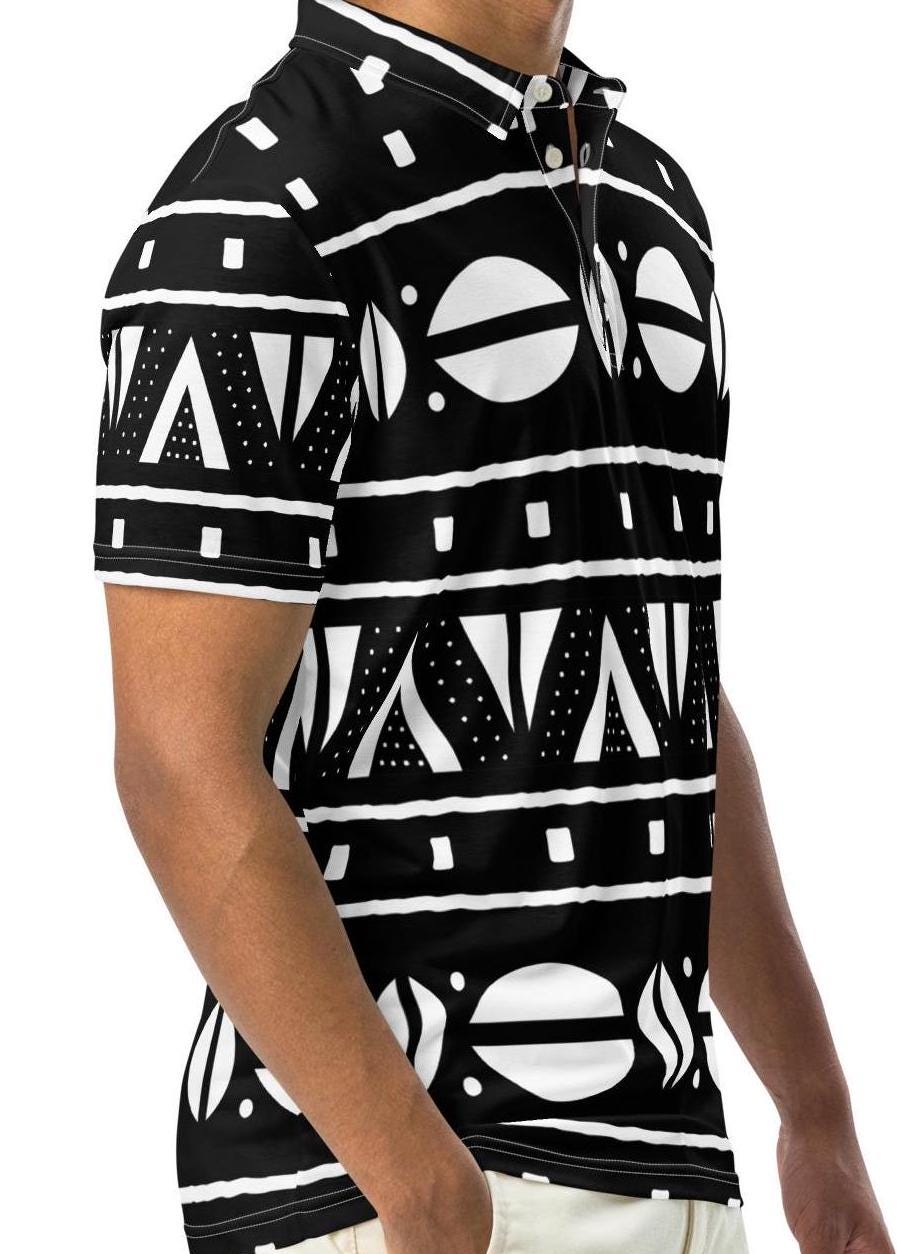 Accented sleek and Black textile African Fashioned Pattern Men’s slim fit polo, casual wear apparel