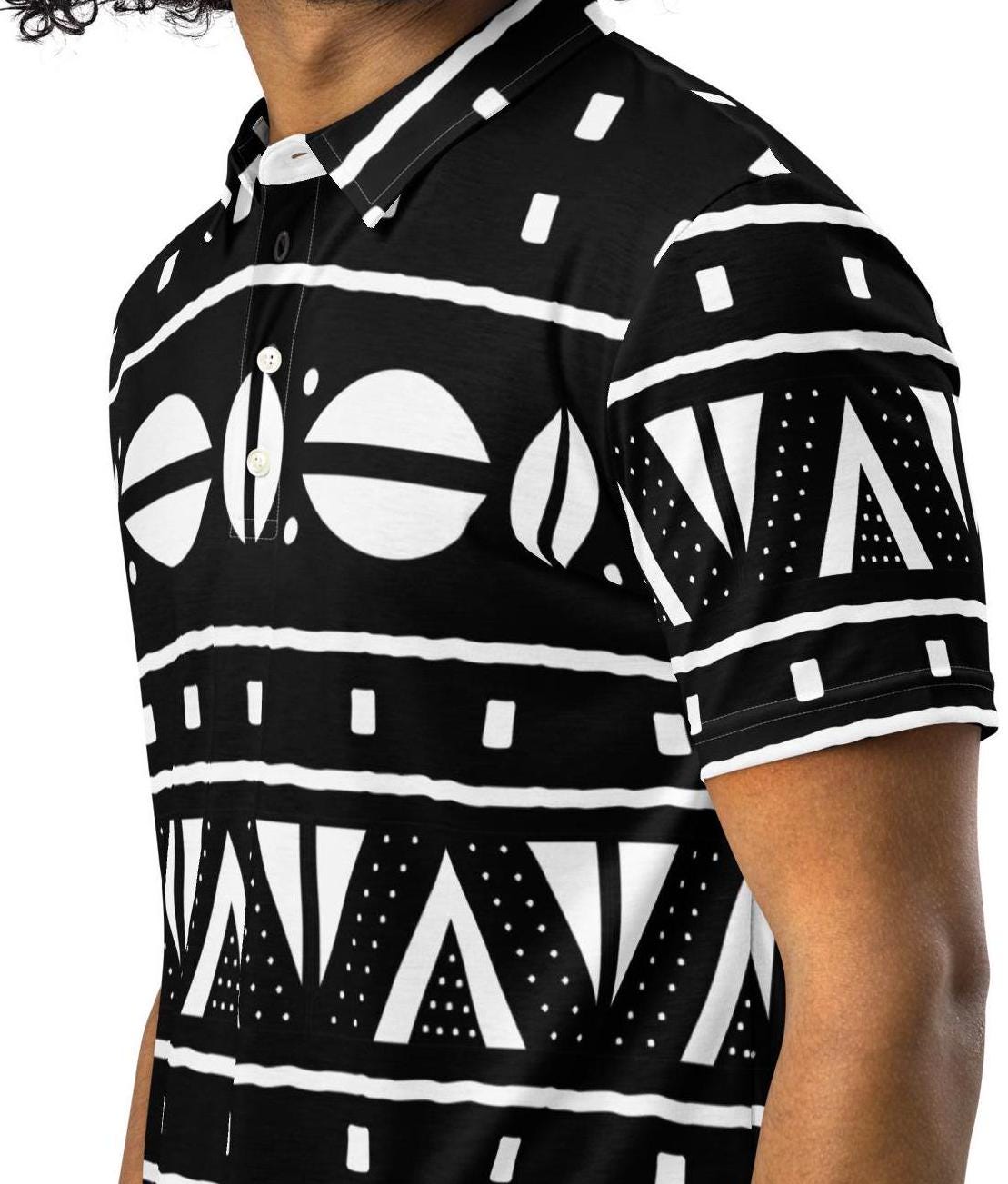 Accented sleek and Black textile African Fashioned Pattern Men’s slim fit polo, casual wear apparel