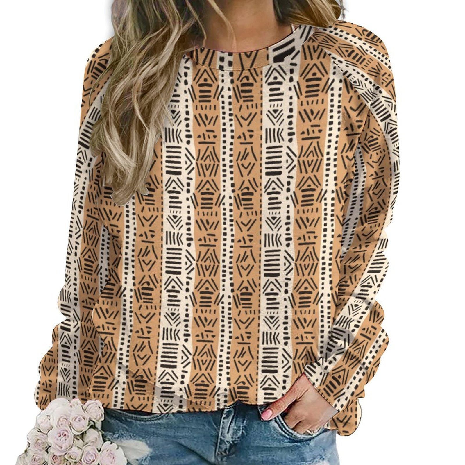 Soft yellow- Womens- Sweatshirt Raglan Style- African- Mud cloth Pattern - Sweatshirts - KumbatiaKulture