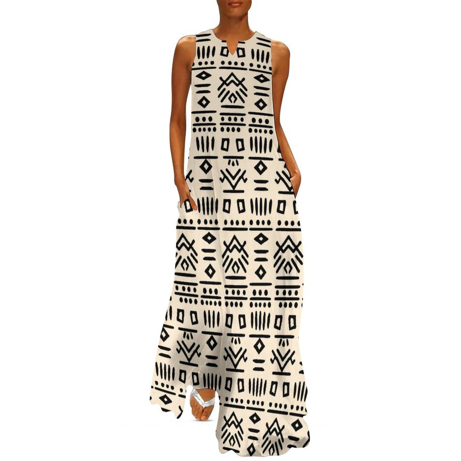 Neutral Blk - Womens - Sleeveless Ankle-length Dress - African - Mud Cloth Pattern