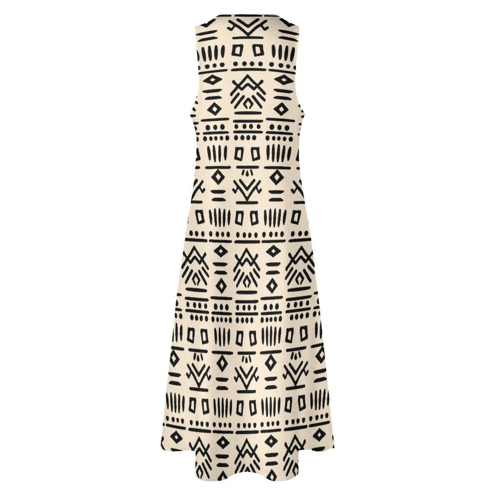 Neutral Blk - Womens - Sleeveless Ankle-length Dress - African - Mud Cloth Pattern