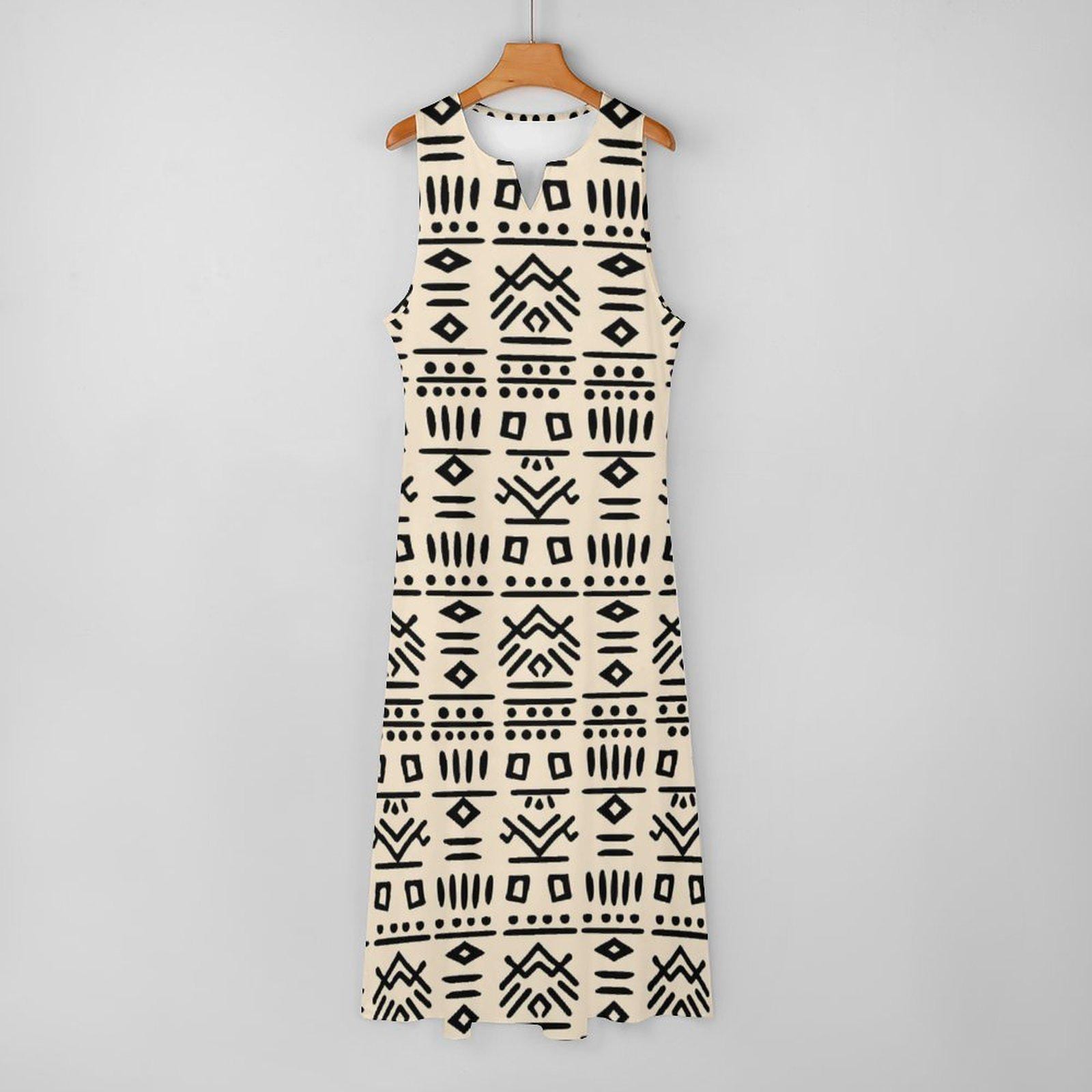 Neutral Blk - Womens - Sleeveless Ankle-length Dress - African - Mud Cloth Pattern