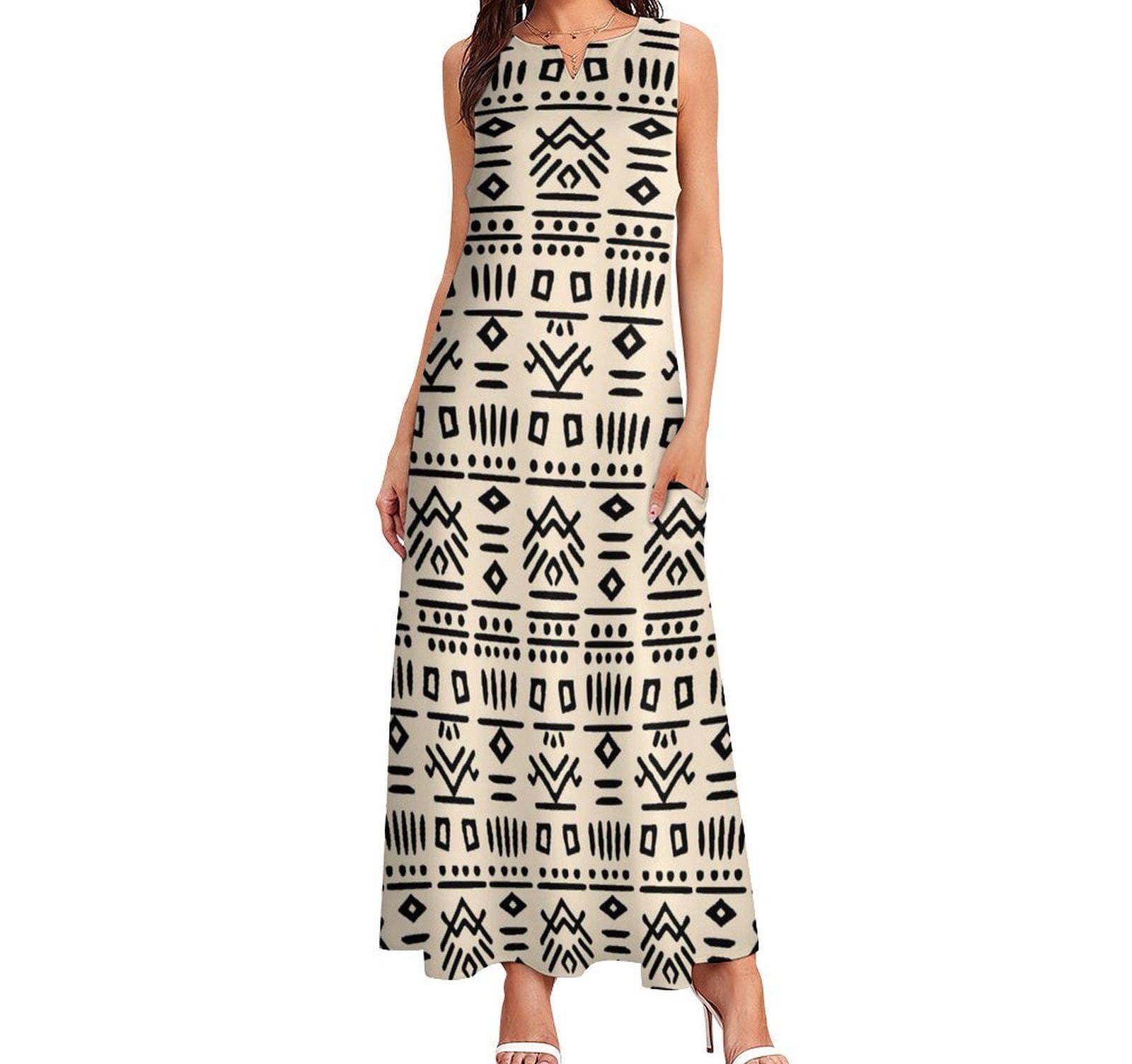 Neutral Blk - Womens - Sleeveless Ankle-length Dress - African - Mud Cloth Pattern