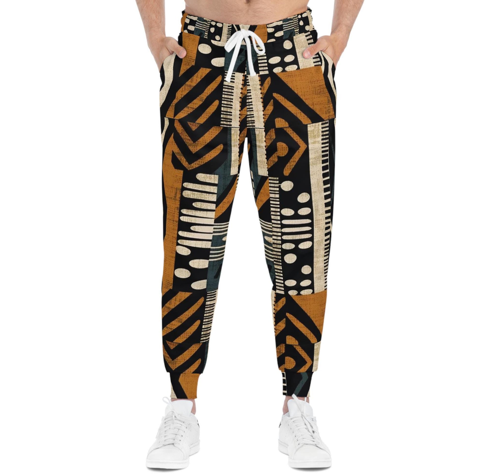 Afrocentric Patchwork - Mens - Athletic Joggers - African - Mud Cloth Pattern