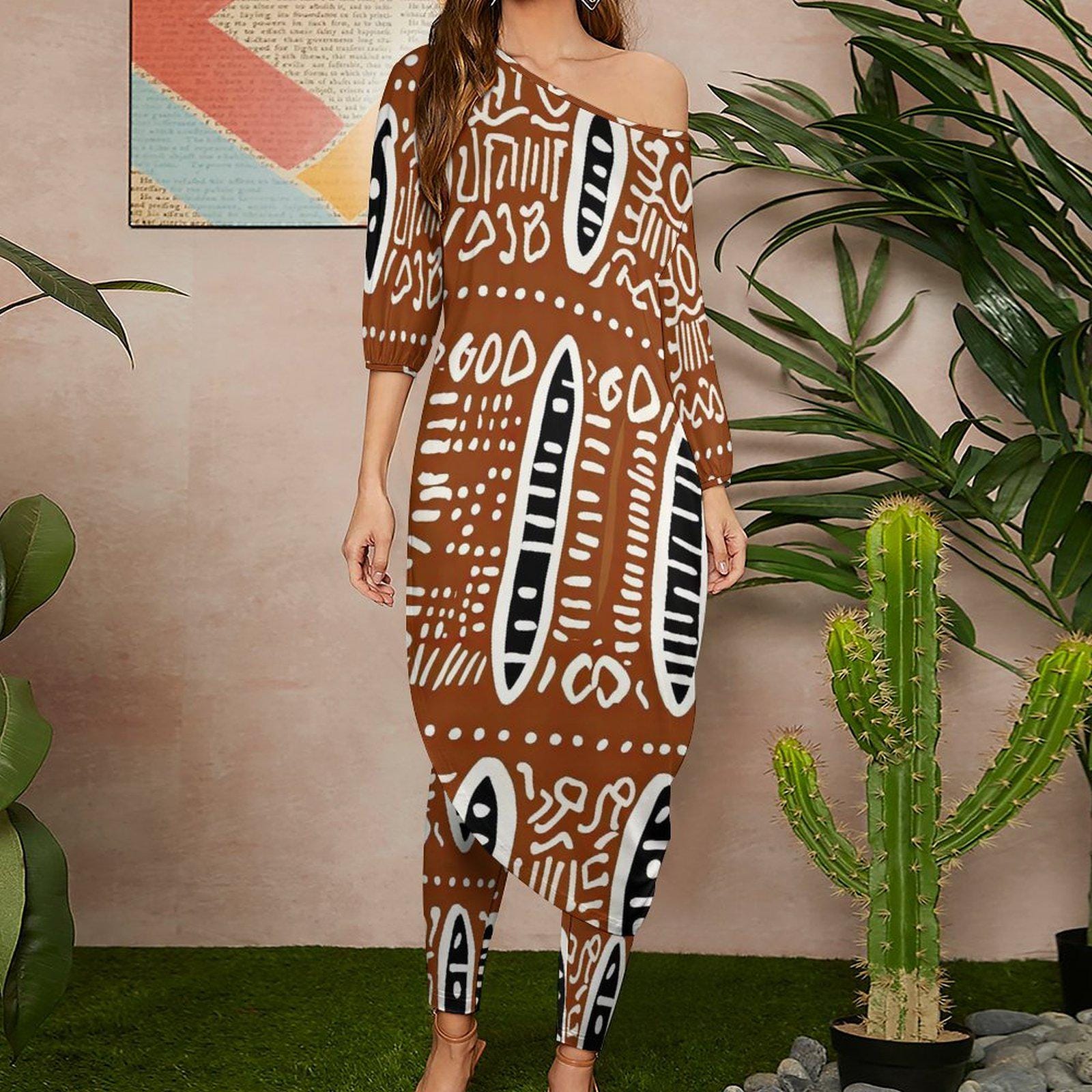 Rich Earth - Womens- Shoulder - Kurta - Kurti - Two Piece Set - African Mud Cloth Pattern - Suits - KumbatiaKulture