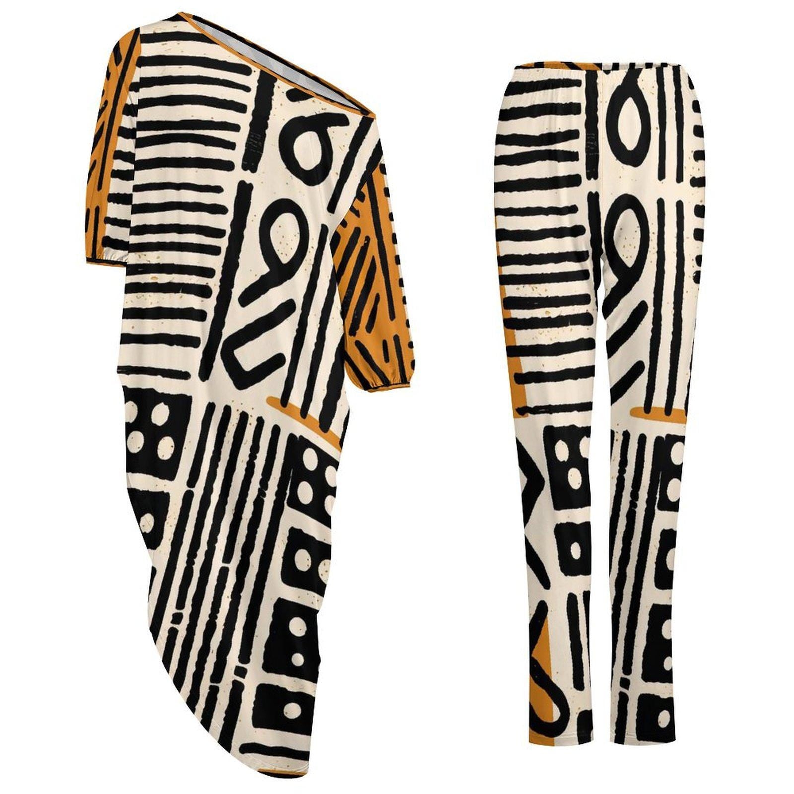 Afrocentric - Women - Shoulder - Kurti - Kurta - Two Piece Set - African - Mud Cloth Pattern