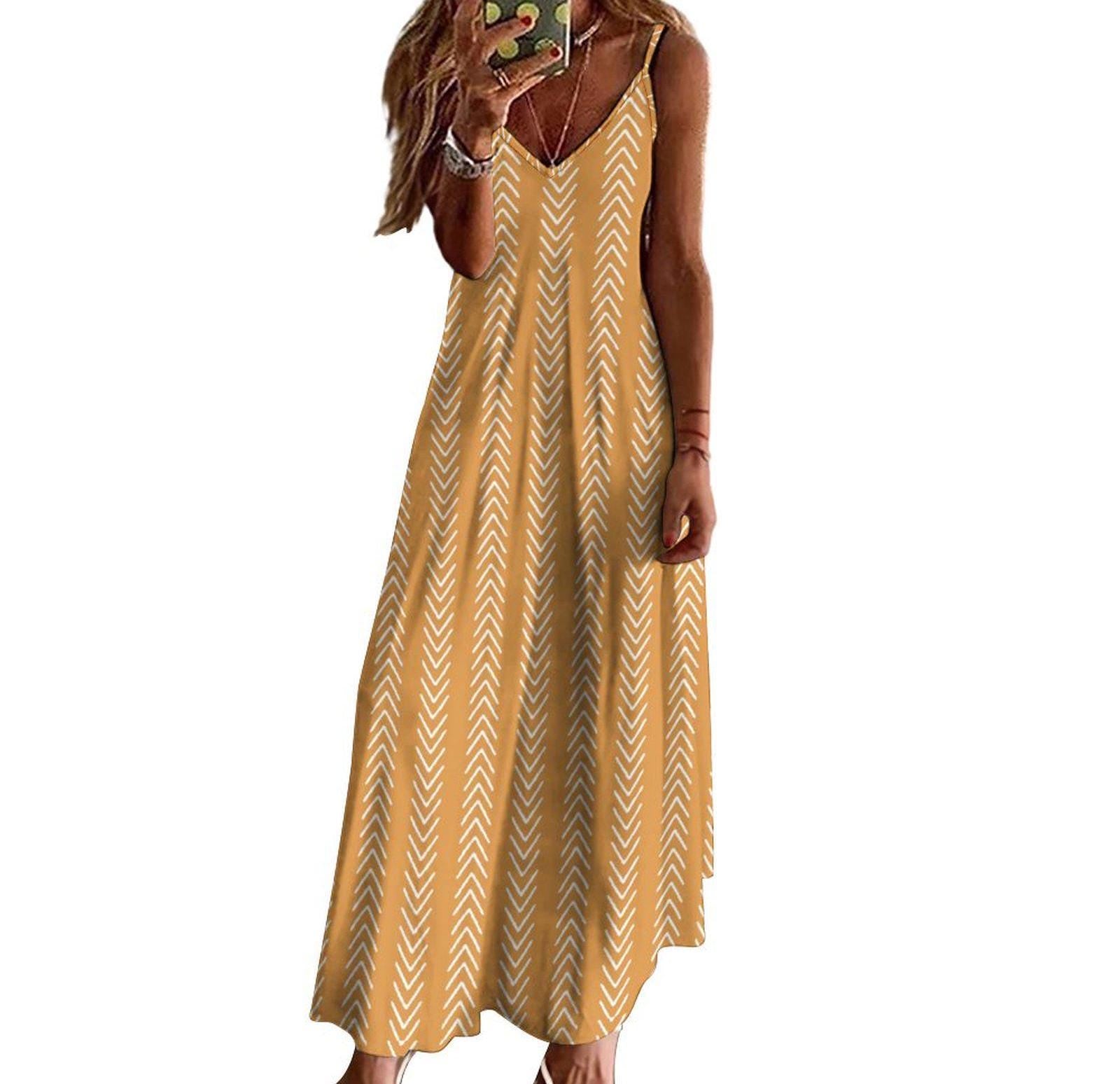 Honey Yellow - Womens - Ankle-length Slip Dress - African - Mud Cloth Pattern