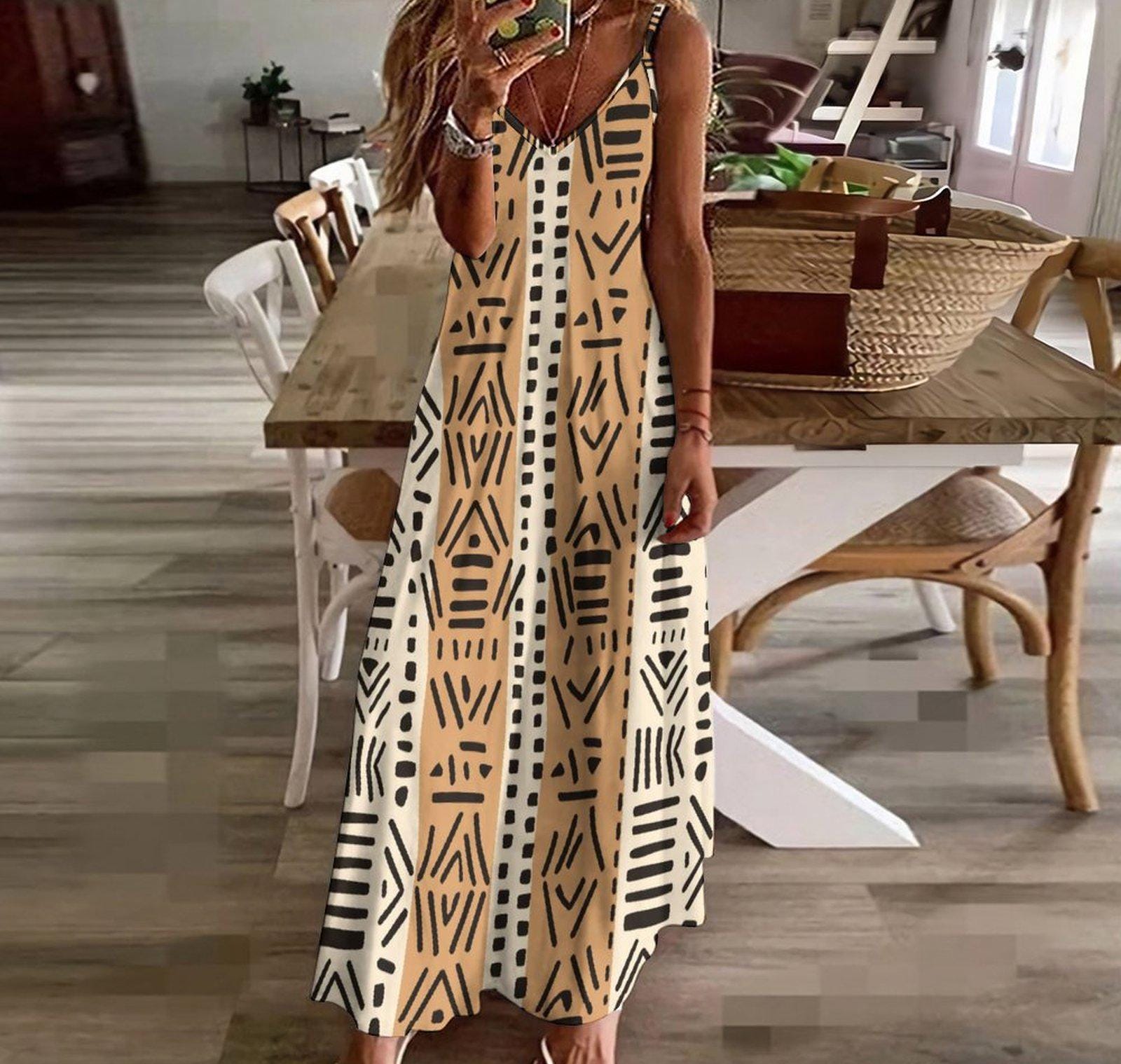 Brown Tones Kahawi - Womens Ankle-length Slip Dress - African - Mud Cloth Pattern