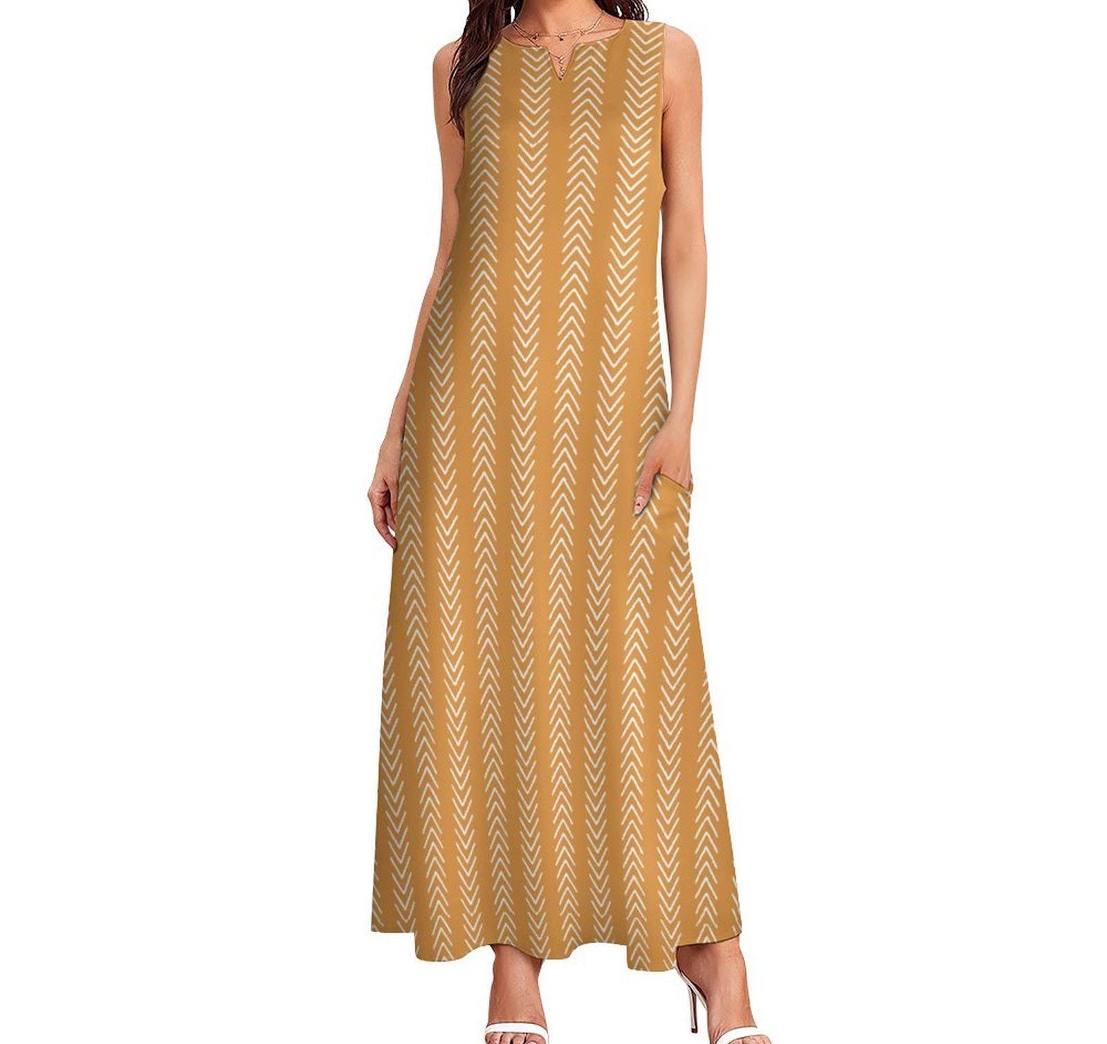 Jamila Honey - Womens - Sleeveless Ankle-length Dress - African - Mud Cloth Pattern