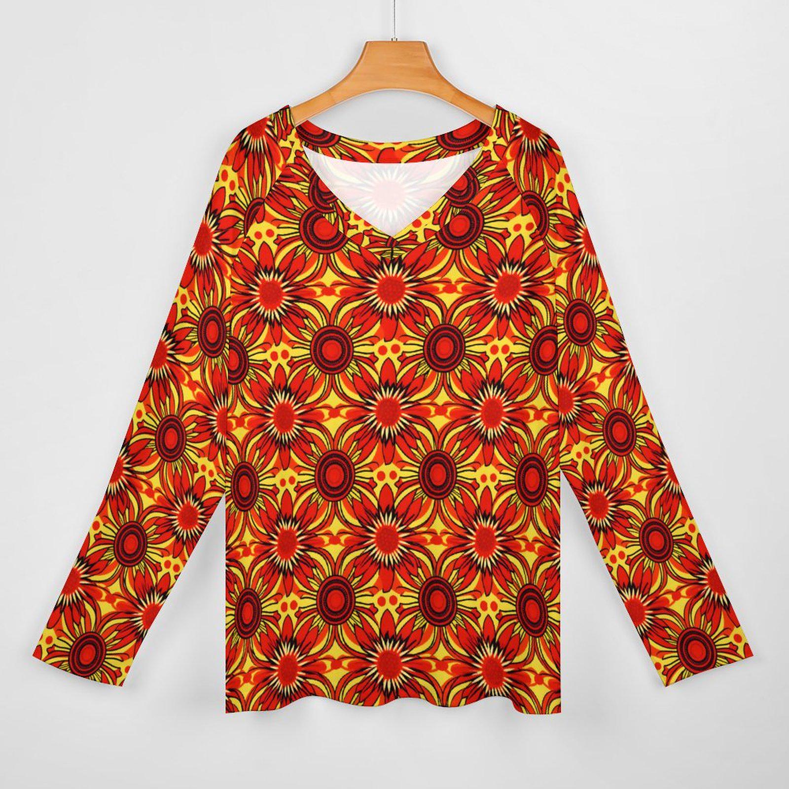 Sun Fire - Womens - V-neck Loose Long Sleeve Shirt - African - Ankara Pattern - T-shirts - KumbatiaKulture