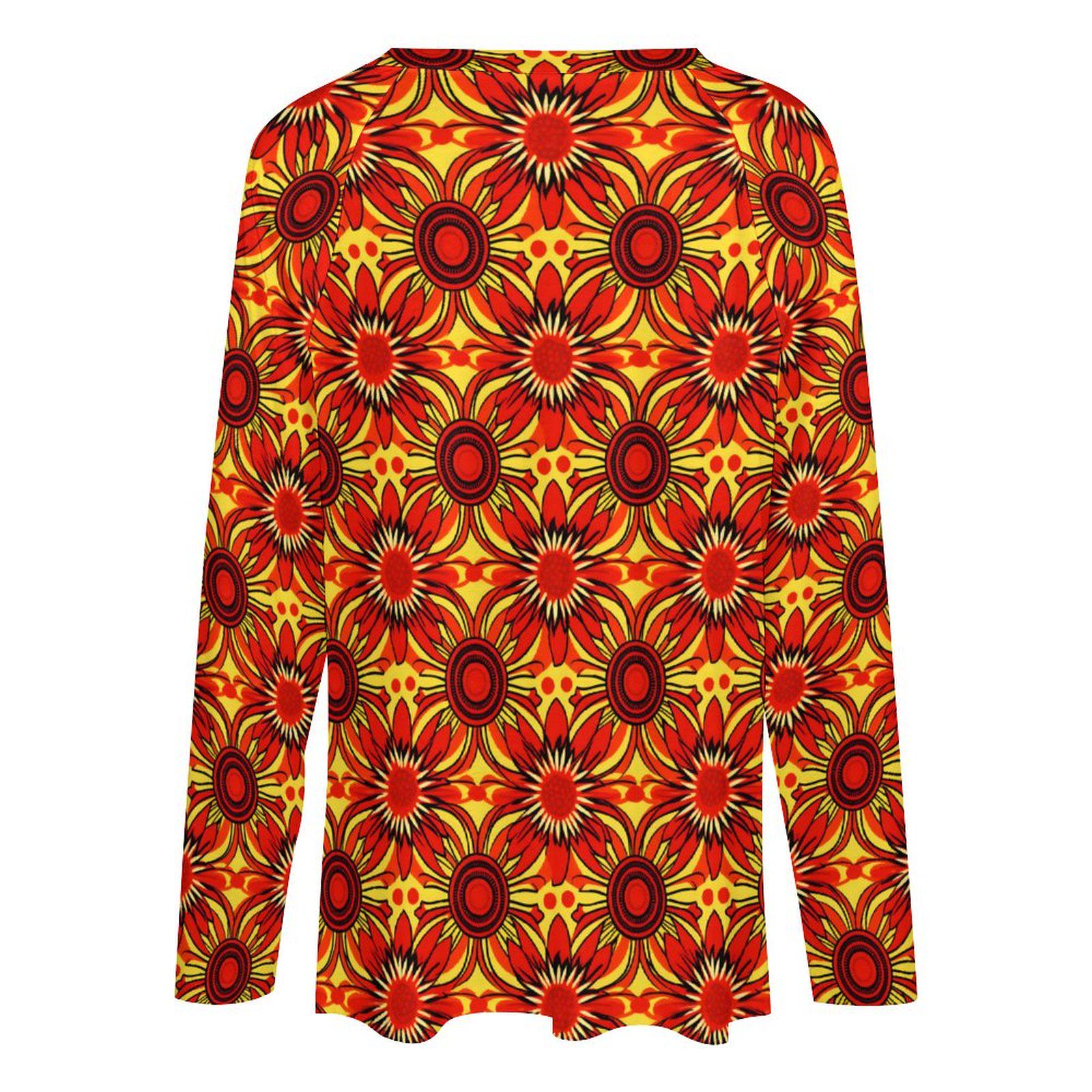 Sun Fire - Womens - V-neck Loose Long Sleeve Shirt - African - Ankara Pattern - T-shirts - KumbatiaKulture