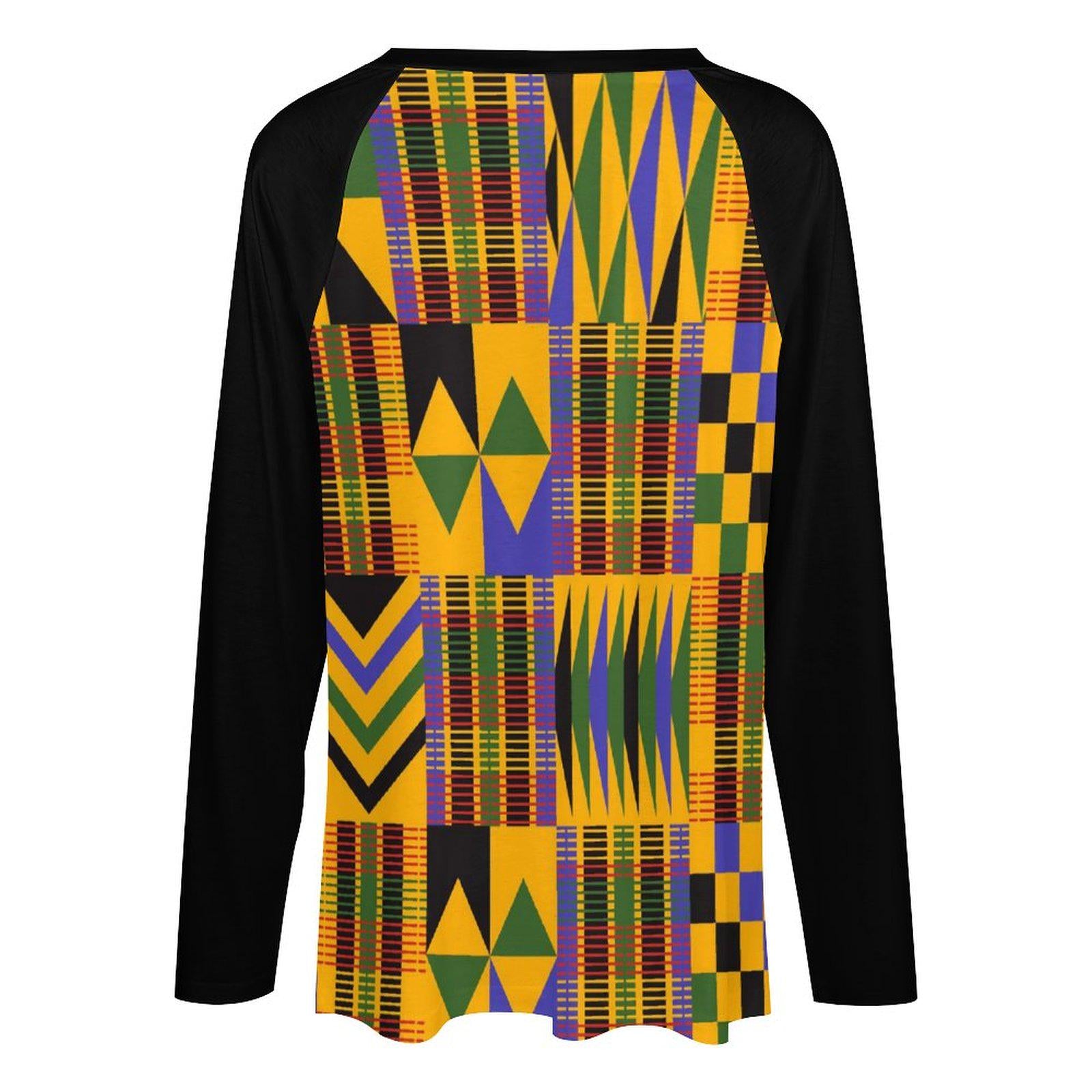 Roots - Womens - V-neck Loose Long Sleeve Shirt - African - Kente Pattern - T-shirts - KumbatiaKulture