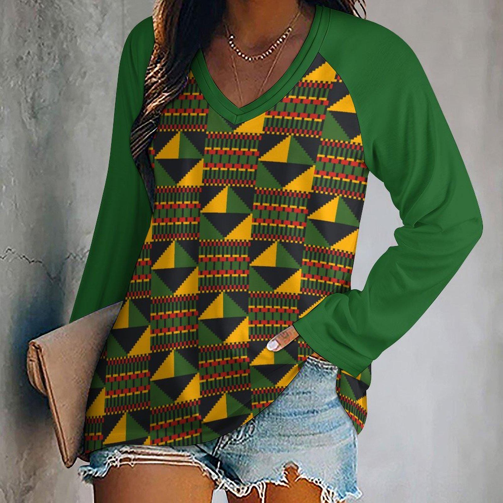 Pyramid - Womens - V-neck Loose Long Sleeve Shirt - African - Kente Pattern - T-shirts - KumbatiaKulture