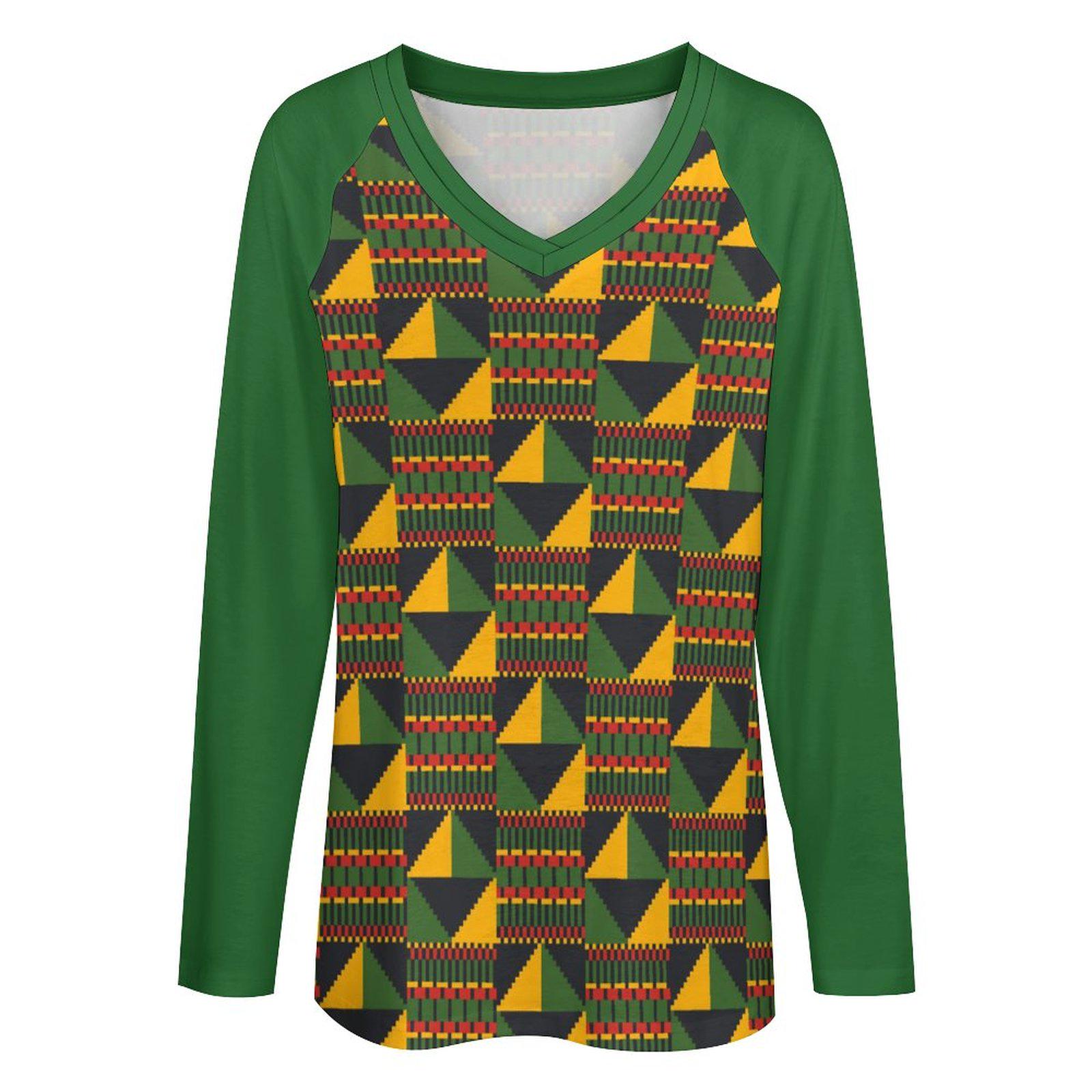 Pyramid - Womens - V-neck Loose Long Sleeve Shirt - African - Kente Pattern - T-shirts - KumbatiaKulture