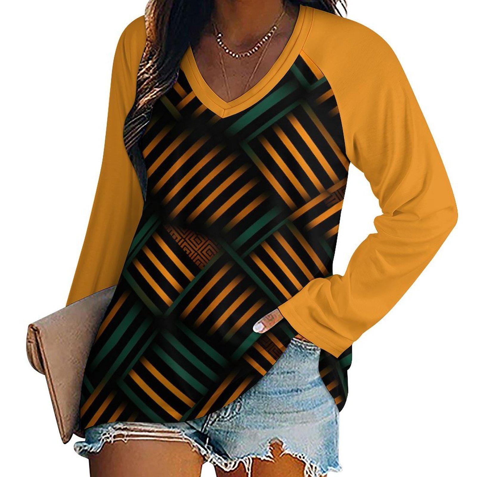 Golden Pillars - Womens - V-neck Loose Long Sleeve Shirt - African - Kente Pattern - T-shirts - KumbatiaKulture