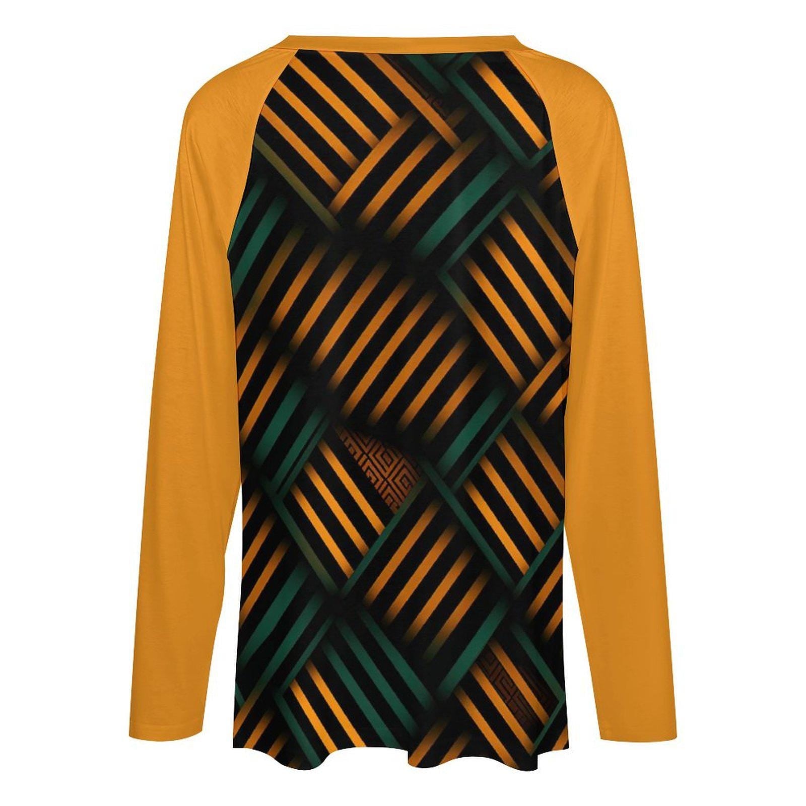 Golden Pillars - Womens - V-neck Loose Long Sleeve Shirt - African - Kente Pattern - T-shirts - KumbatiaKulture