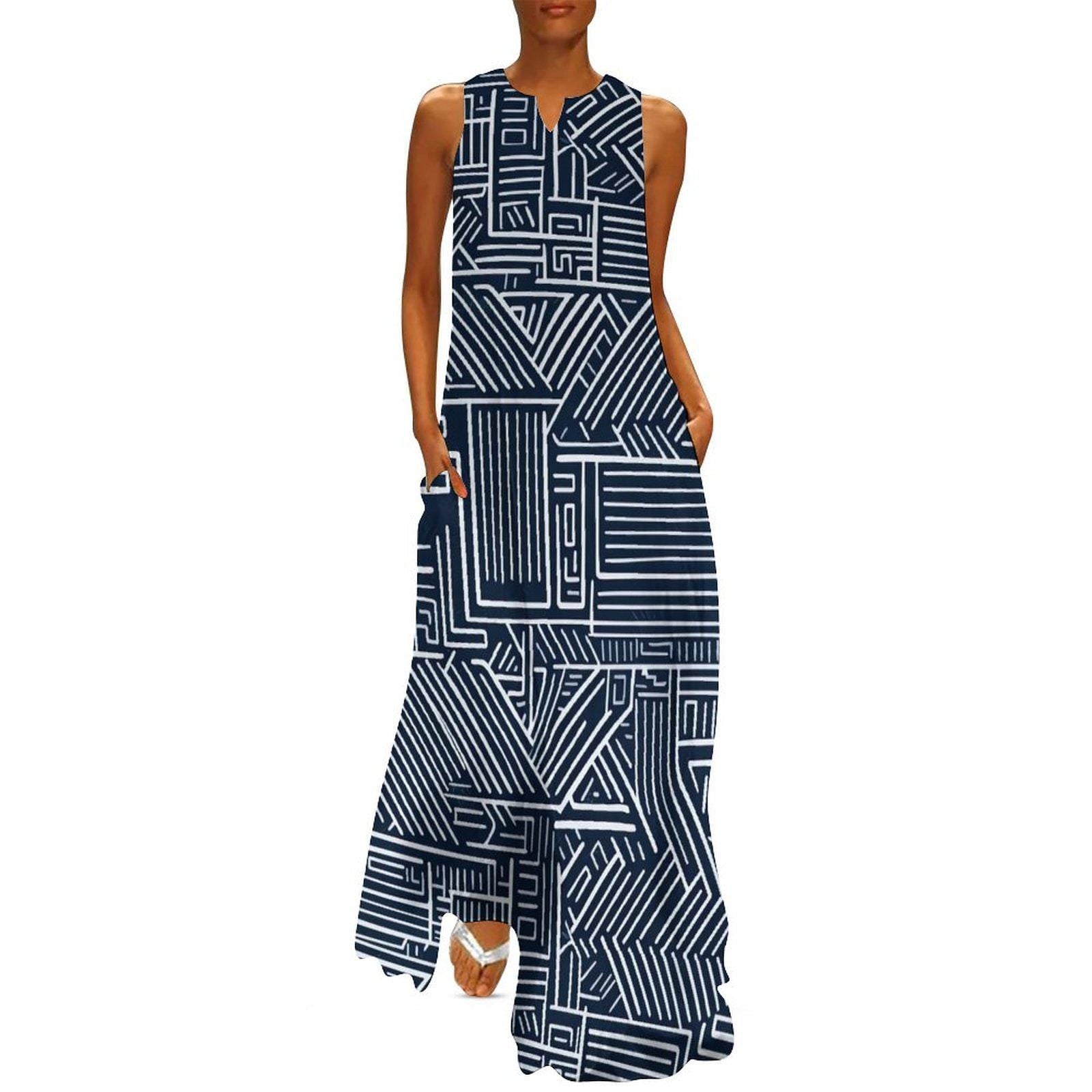 Essence - Womens - Sleeveless Ankle-length Dress - African Mud cloth Pattern