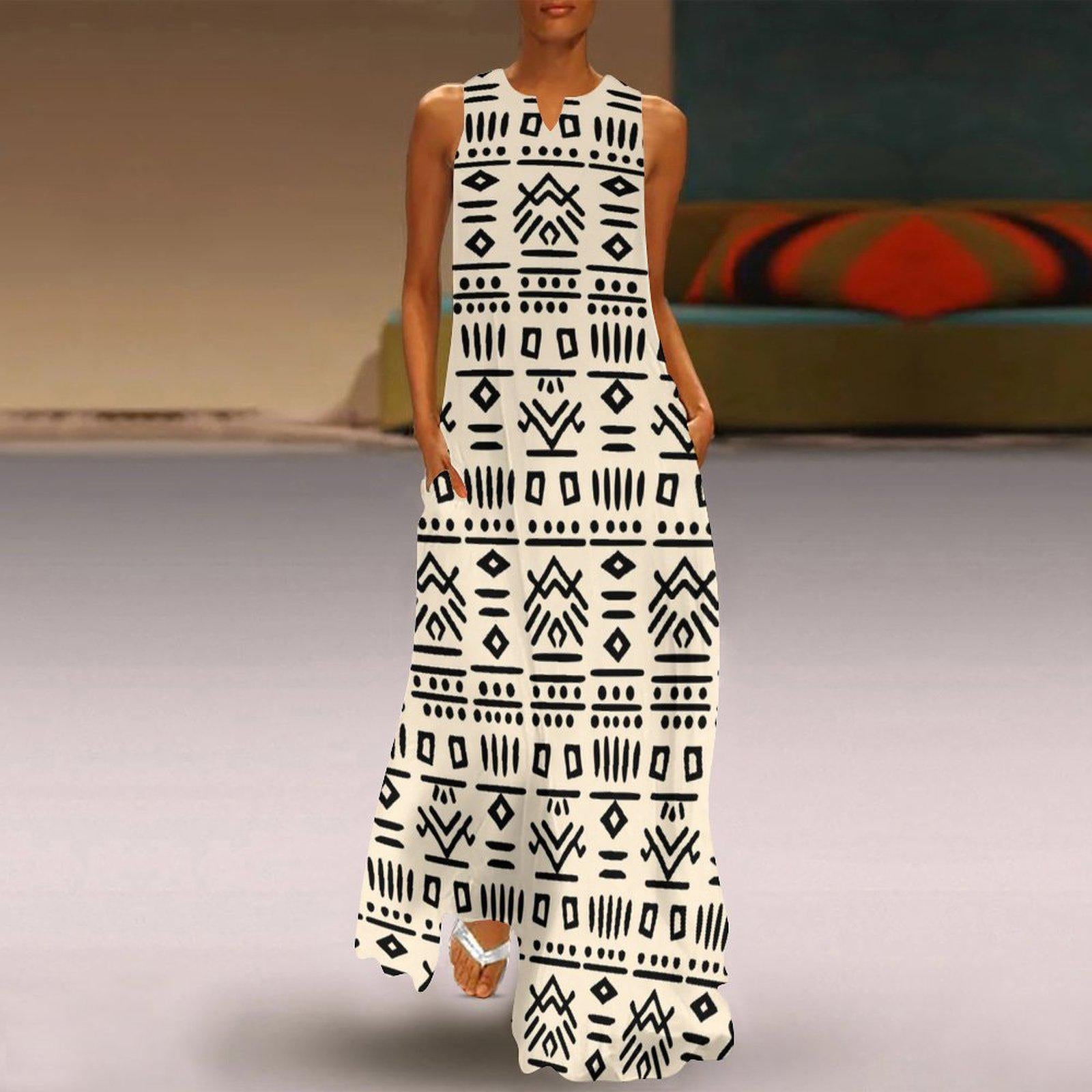Neutral Blk - Womens - Sleeveless Ankle-length Dress - African - Mud Cloth Pattern