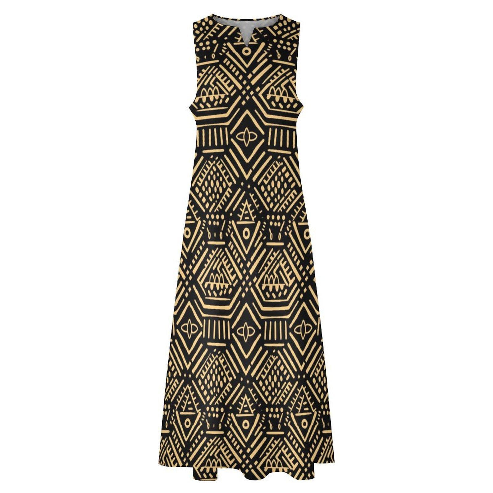 Blk Afrocentric - Womens - Sleeveless Ankle-length Dress - African - Mud cloth Pattern - Dresses - KumbatiaKulture