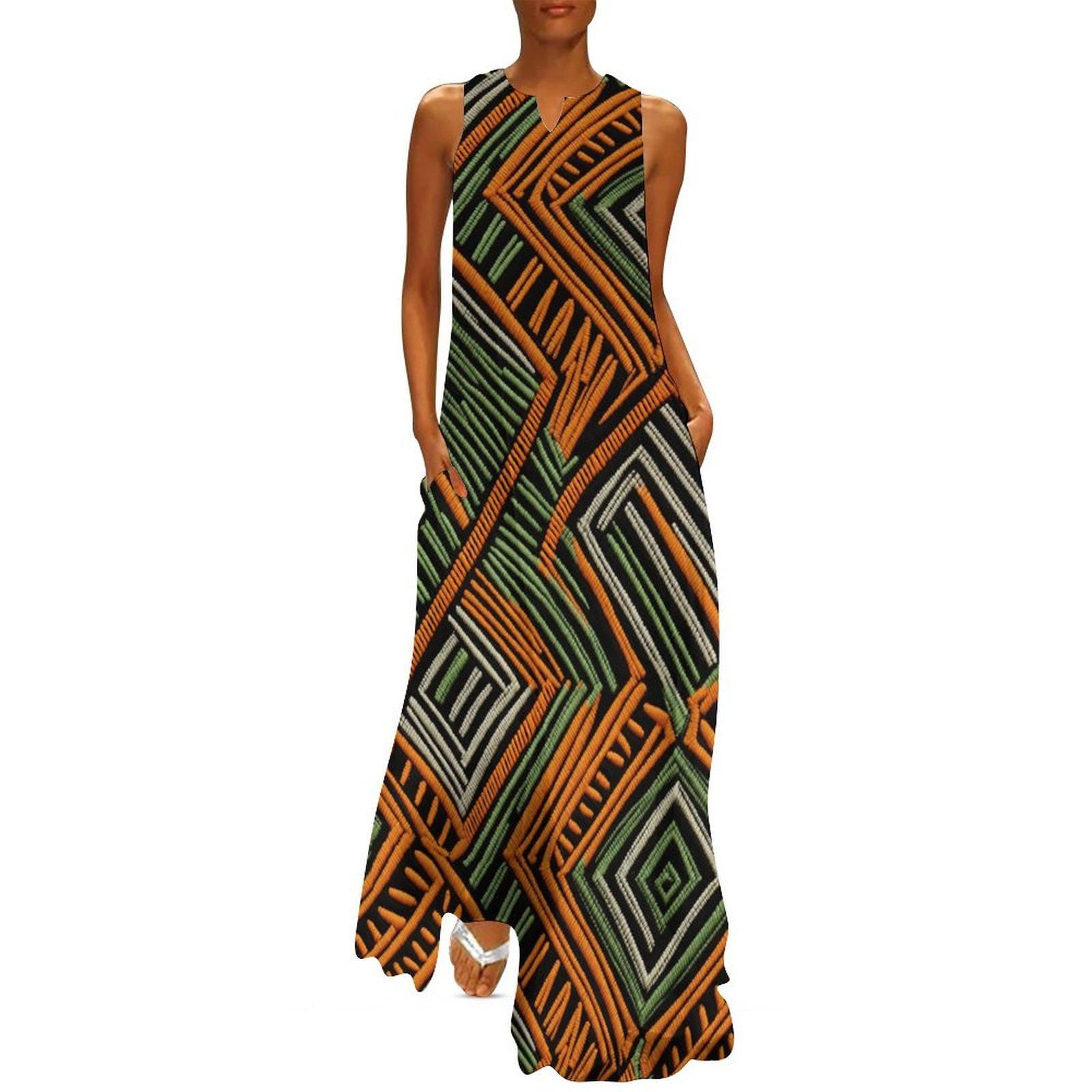 Osan - Womens - Sleeveless - Orange and Green Ankle-length Dress - Mud cloth Pattern