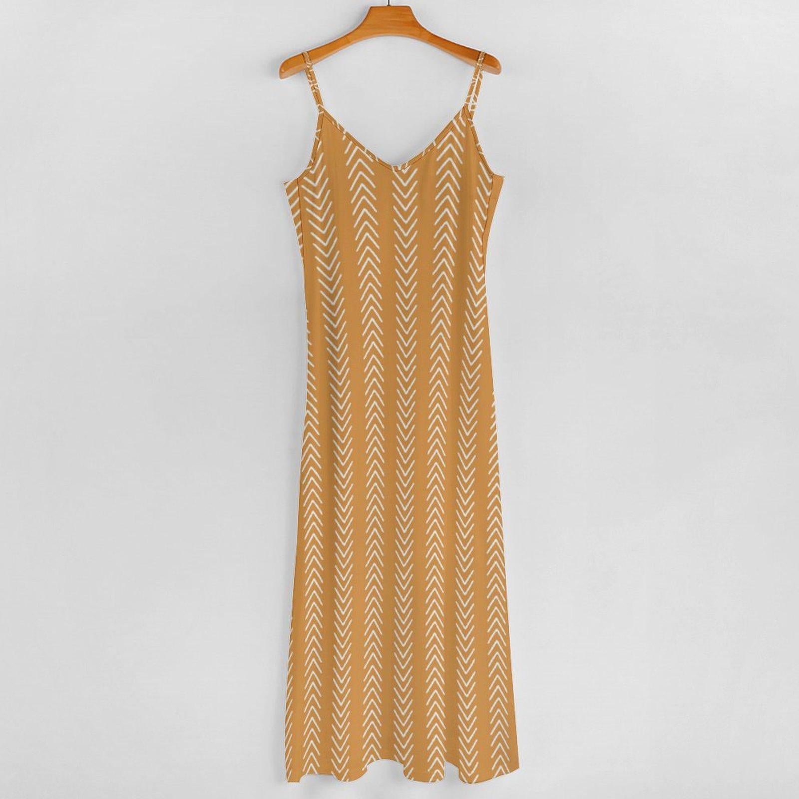 Honey Yellow - Womens - Ankle-length Slip Dress - African - Mud Cloth Pattern