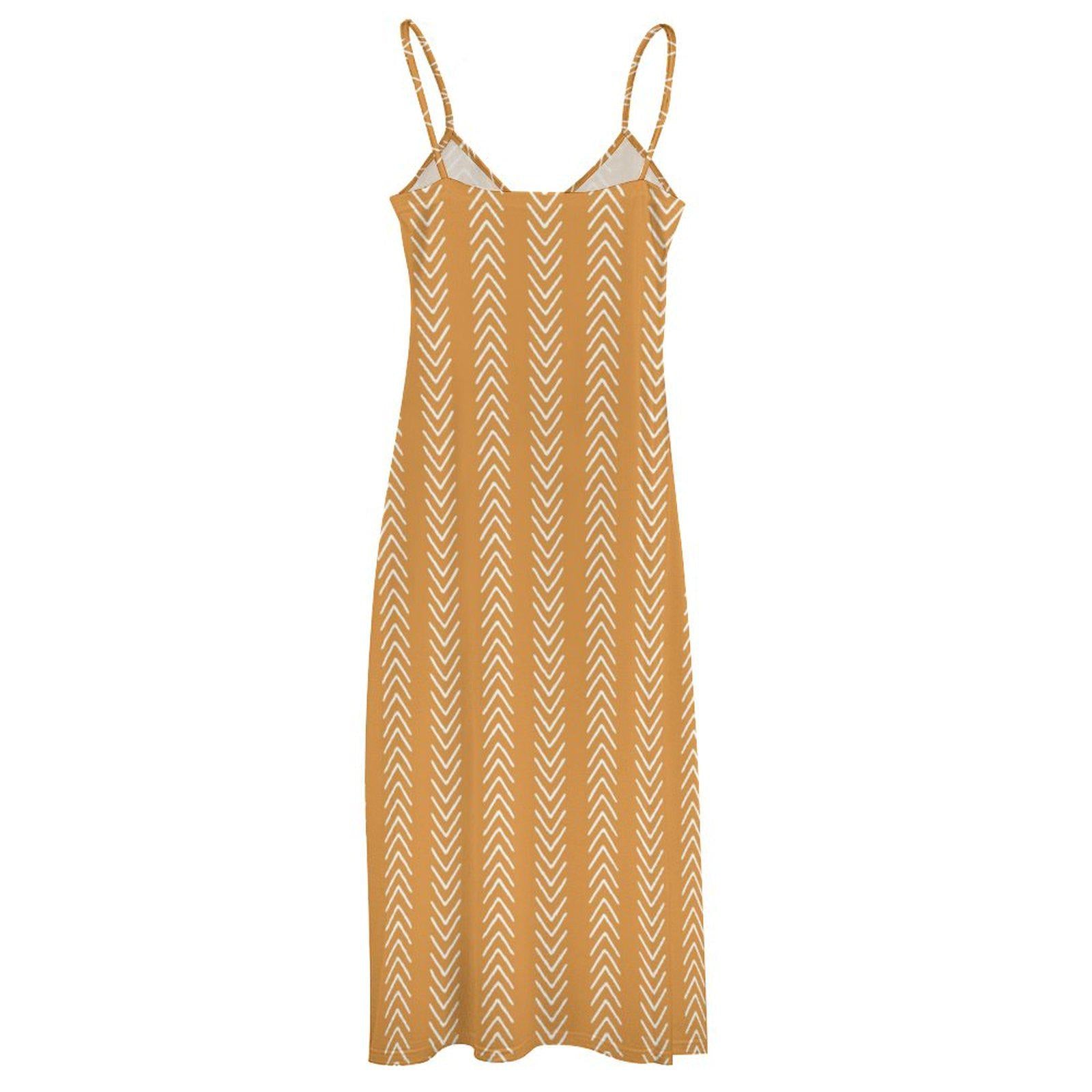 Honey Yellow - Womens - Ankle-length Slip Dress - African - Mud Cloth Pattern