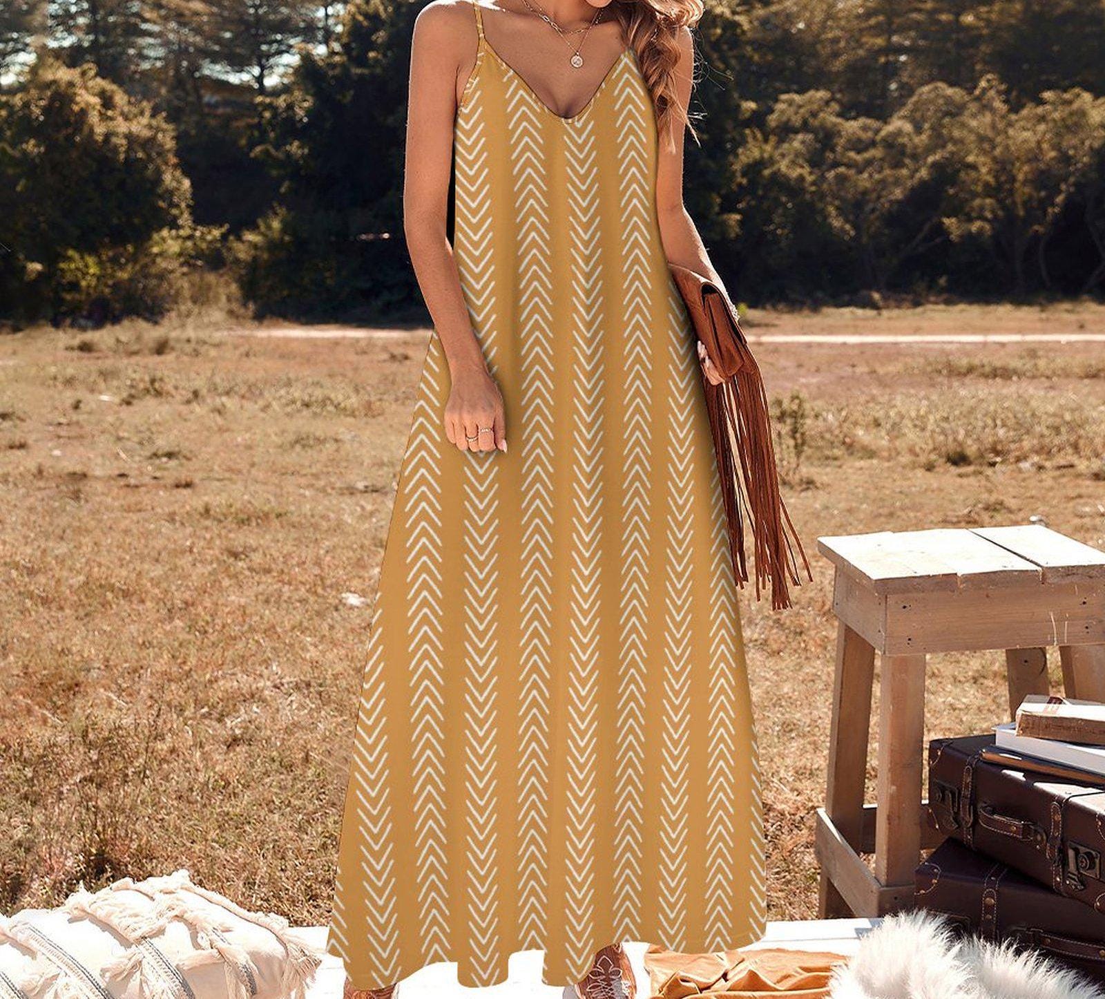Honey Yellow - Womens - Ankle-length Slip Dress - African - Mud Cloth Pattern