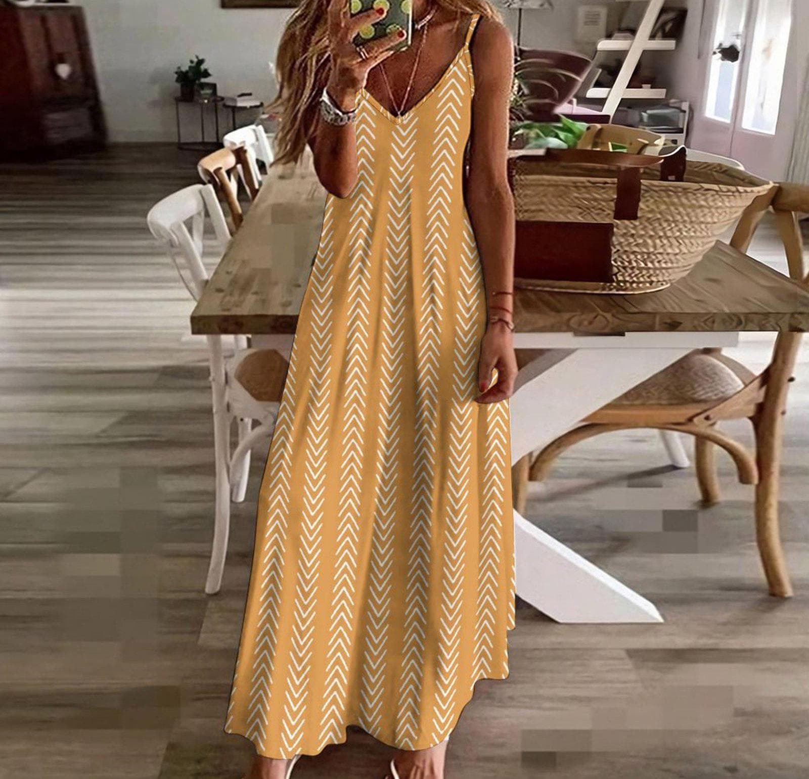 Honey Yellow - Womens - Ankle-length Slip Dress - African - Mud Cloth Pattern