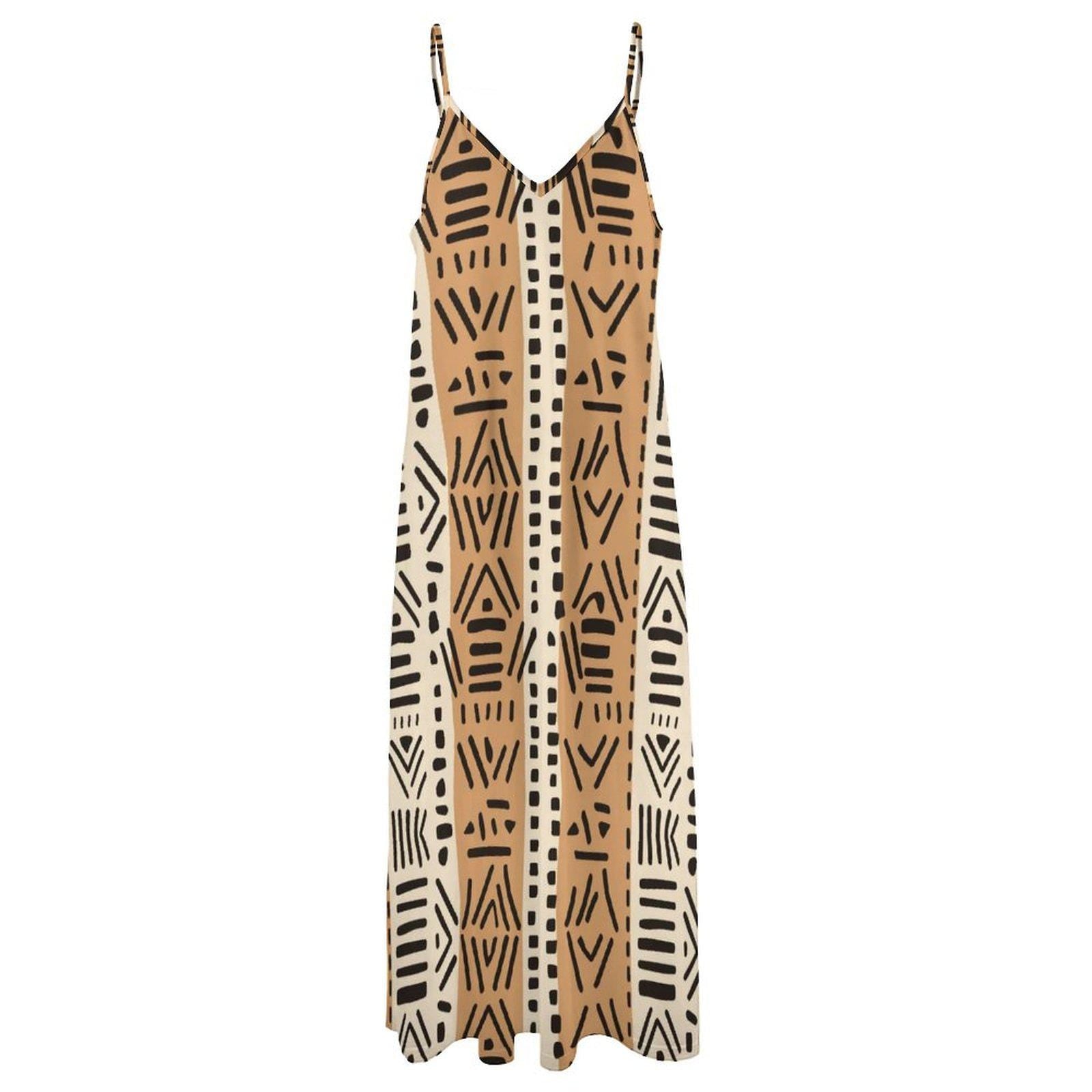 Brown Tones Kahawi - Womens Ankle-length Slip Dress - African - Mud Cloth Pattern