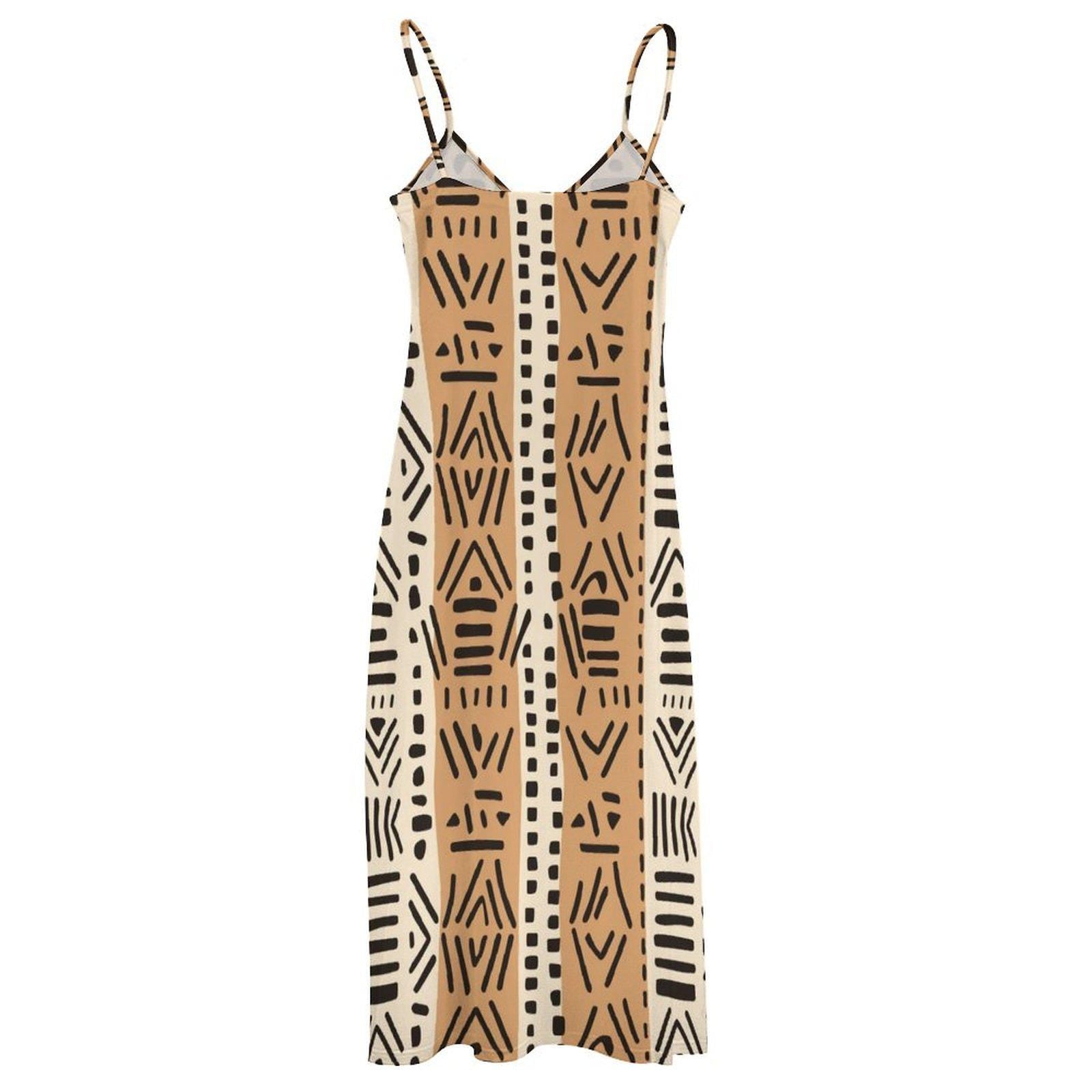 Brown Tones Kahawi - Womens Ankle-length Slip Dress - African - Mud Cloth Pattern