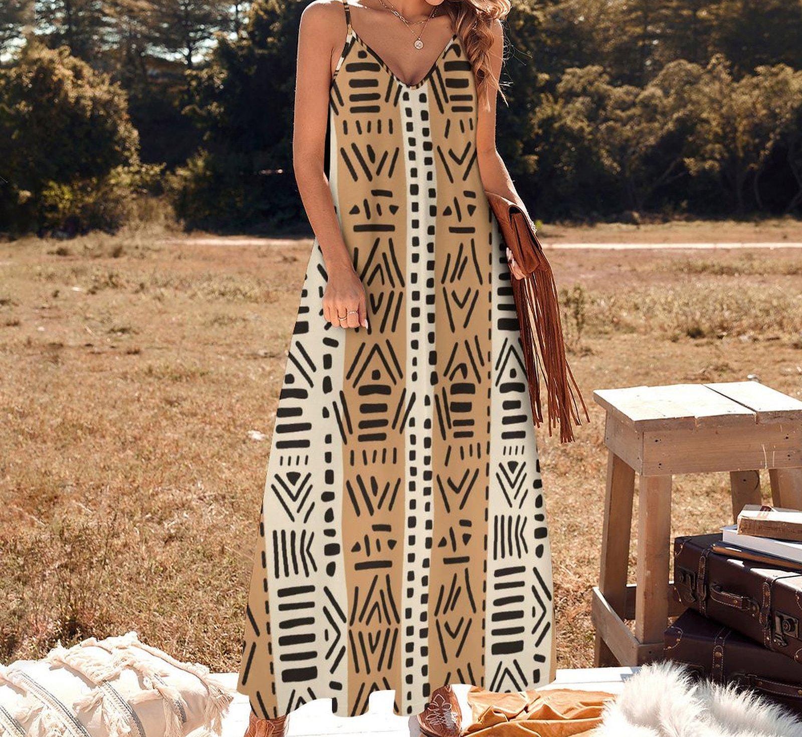 Brown Tones Kahawi - Womens Ankle-length Slip Dress - African - Mud Cloth Pattern