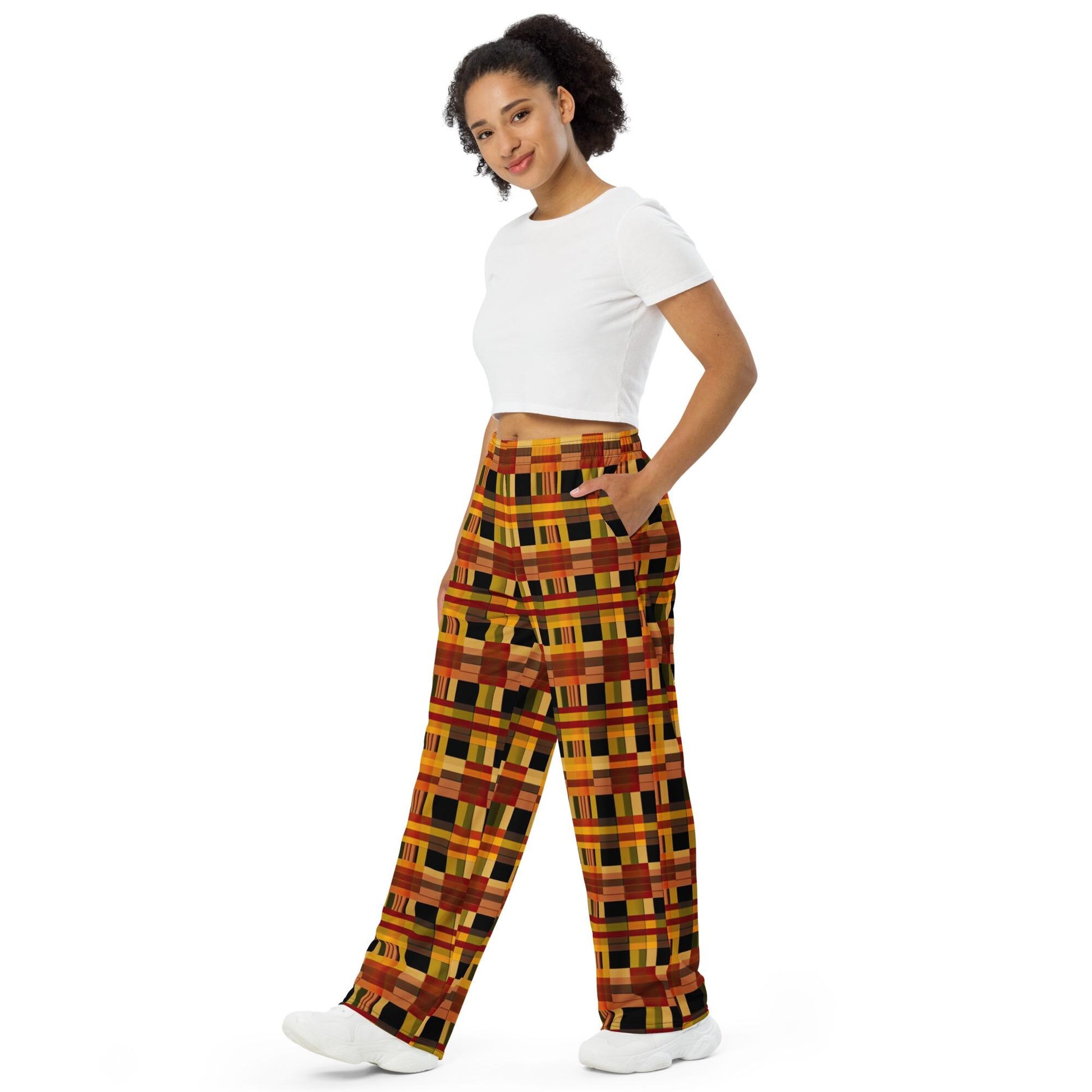 Sun - African - Kente Pattern - All-over print wide-leg pants with Pockets - Casual Sportswear-stylish sweatpants