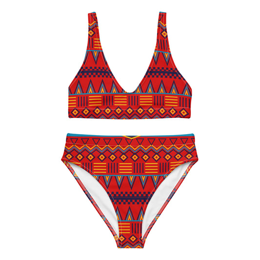 Red Clay - Womens - High-Waisted Bikini - African - Mud Cloth Pattern