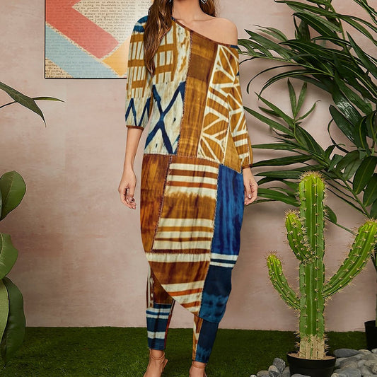 KatiKati - Womens - Diagonal Shoulder - Kurta - Kurti - Two Piece Set - African - Mud Cloth Pattern